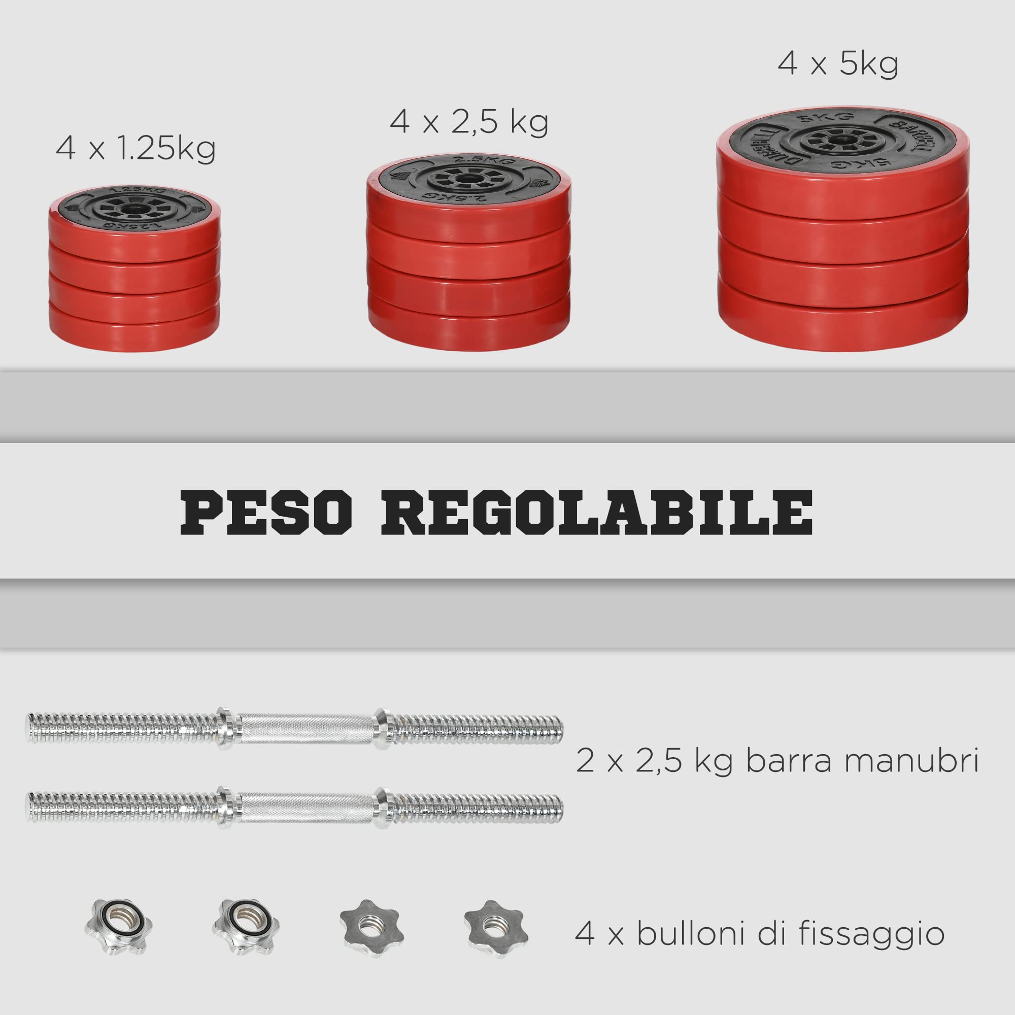 HOMCOM Set Manubri Palestra Regolabili con Pesi 40kg 45x26x26 cm Rossa | Rivestiti in Gomma, Metallo e Sabbia di Ferro