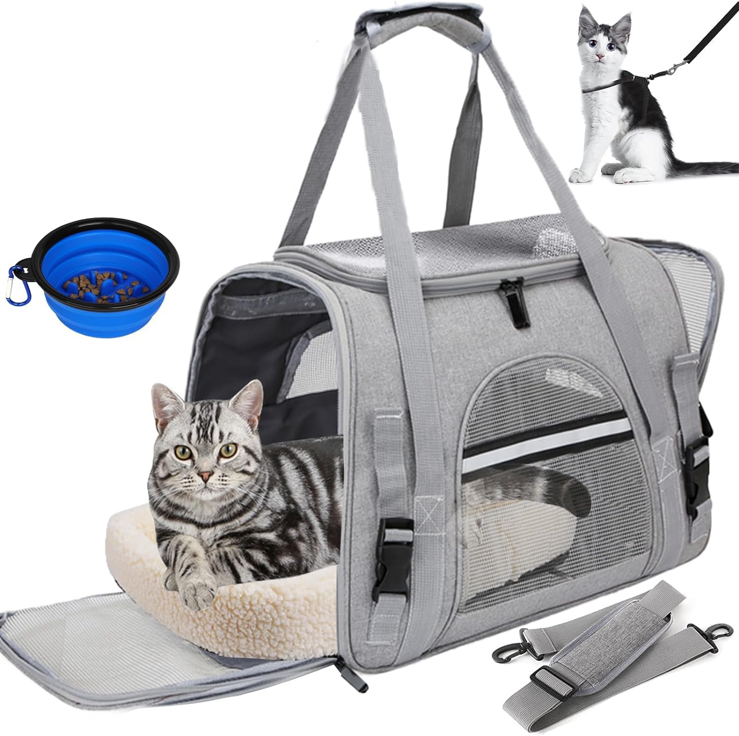 Trasportino per Cani e Gatti Scatola pieghevole per Animali Borsa per Cani Gabbietta Morbida per Animali Domestici Trasportino Pieghevole Traspirante con Ciotola Portatile e Cuscino Morbido (Gris)