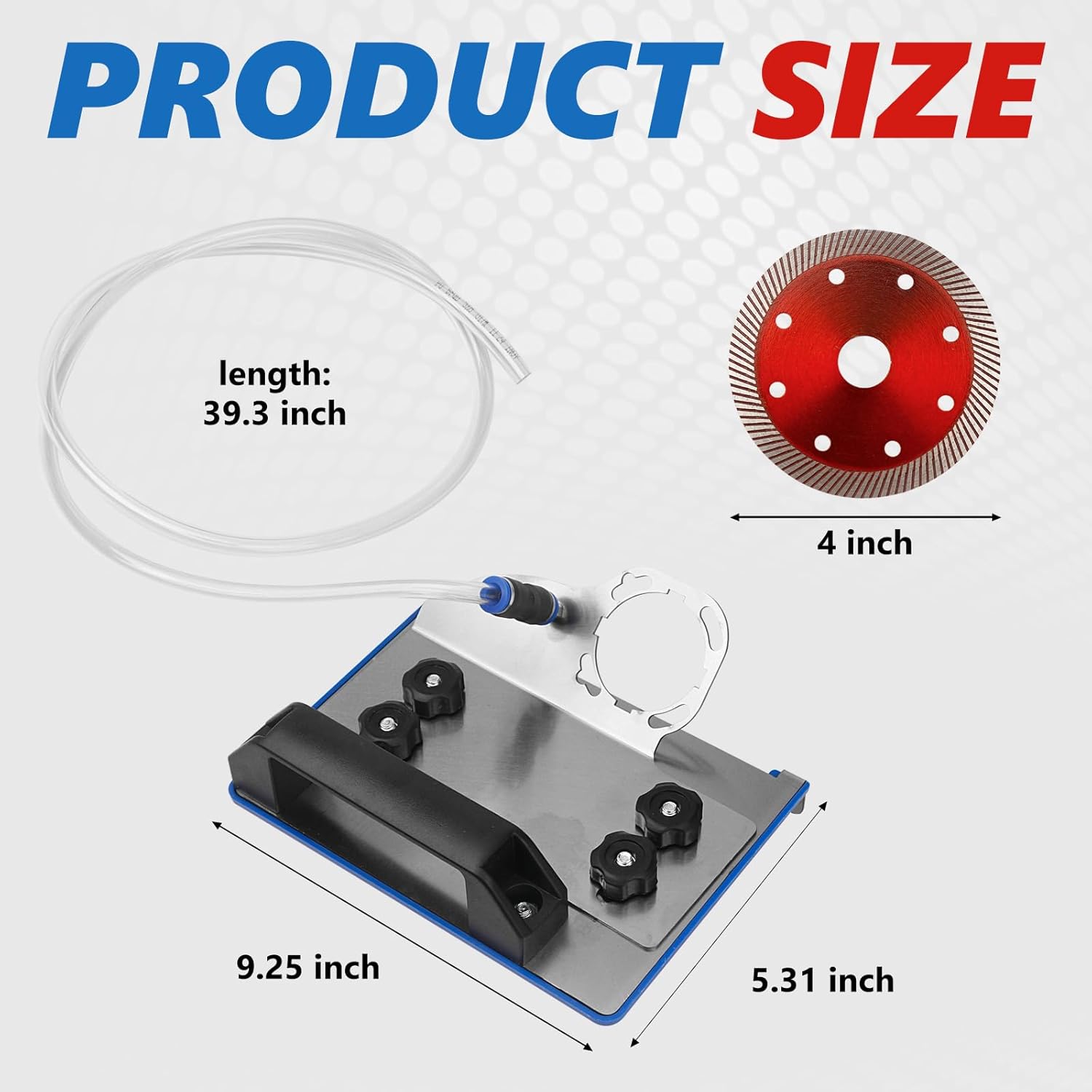 45 Degree Tile Chamfering Tool for 100-Type Angle Grinders, Universal Stand with 5 Diamond Saw Blades, Gloves, 39 Inch Hose, Screwdriver, Adapter Washers