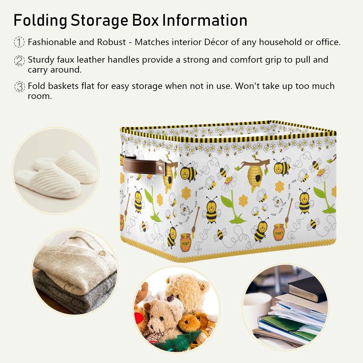 Cute Bees Gnomes Honey Storage?Basket?Fabric?Laundry?Baskets Spring Summer Flowers Daisy Storage?Boxes?Organizer?Bag?for?Baby?Cloth?Dog?Toy?Book?Storage?Cubes?Shelf?Closet?Bins?16¡Á12¡Á8?Inches