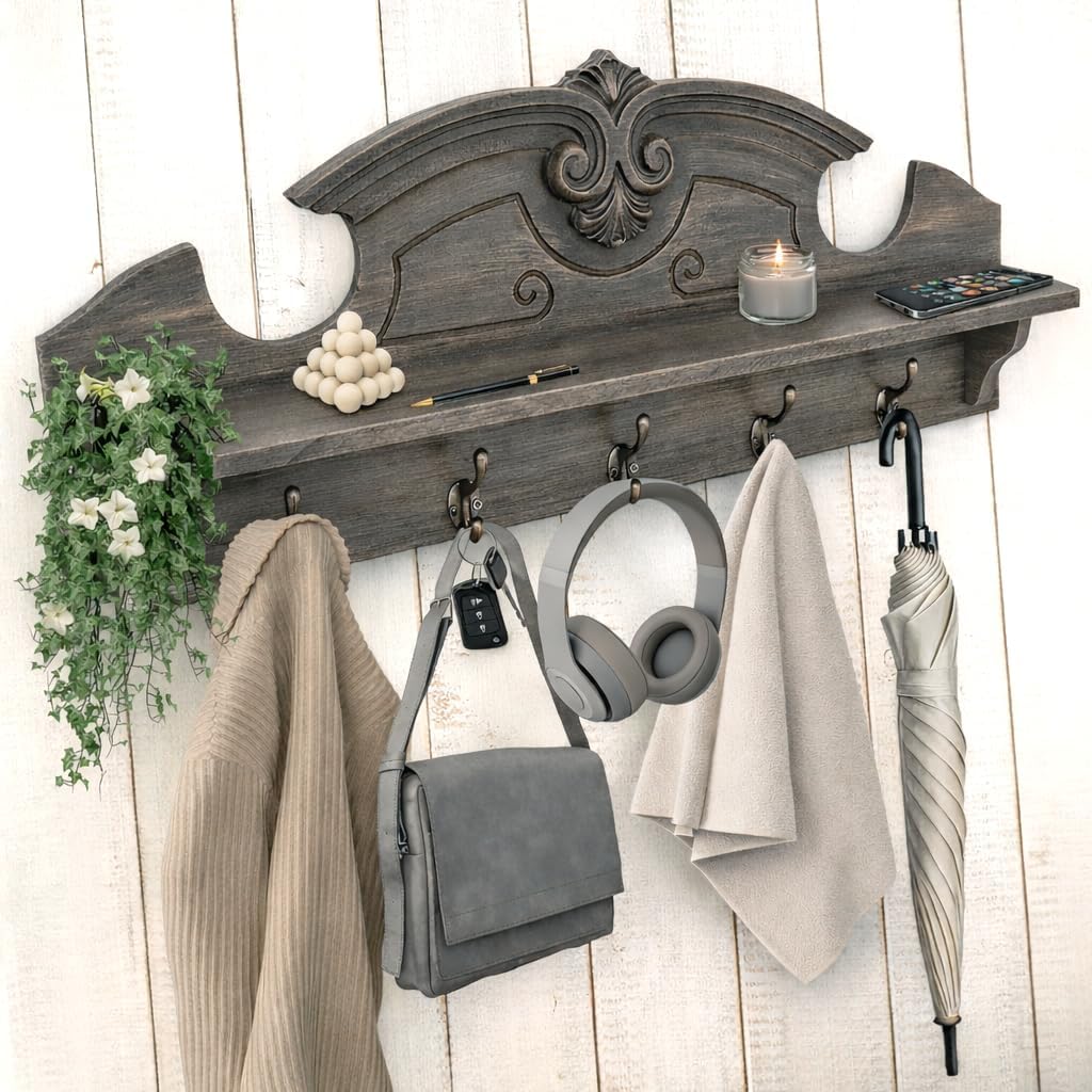 Felt Creative Home Goods Gorgeous 24" Farmhouse Coat Hanger Wall Mount with Shelf and Hooks for Entryway - Wall Mounted Rack for Hanging Coats, Jackets, Purses, Keys (Charcoal Brown-Gray)