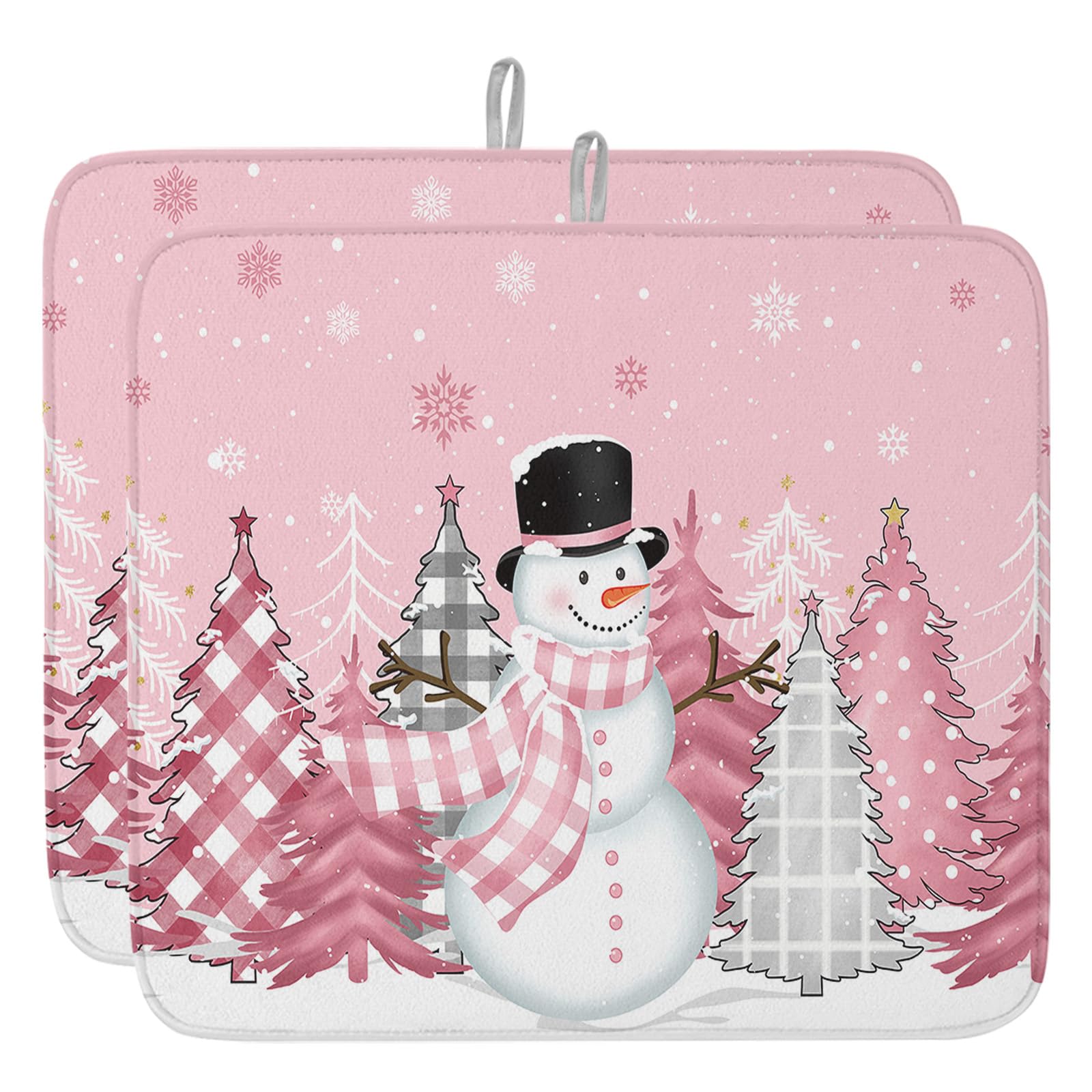 Debedcor Pink Snowman Christmas Dish Drying Mat for Kitchen Counter, Microfiber Rack Pads, Winter Snowflake Pink Grey Xmas Tree Absorbent Dish Bottle