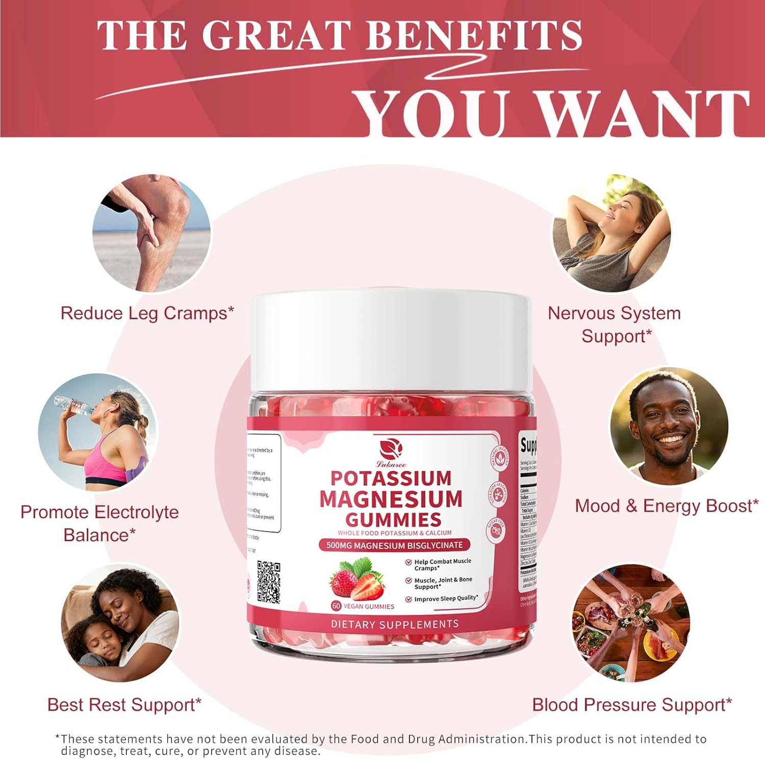 (2 Pack) Magnesium Potassium Supplement Gummies - New Formula Calm Magnesium Bisglycinate Gummies & Plant Potassium Plus Chia Seeds, B6, D3, K2 & Calcium for Sleep, Leg Cramps & Muscle -Vegan,60 Count - Image 6