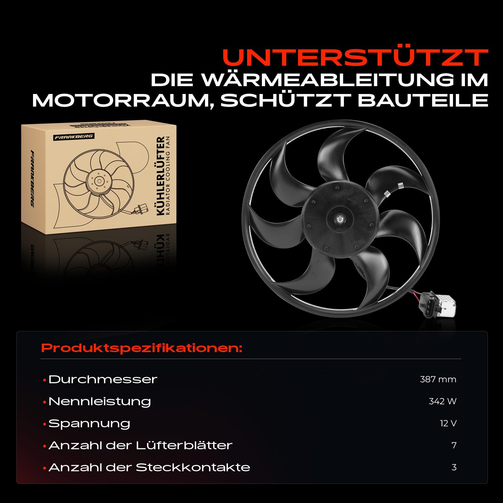 Frankberg Lüfter Motorkühlung Kühlerlüfter 3-Polig 390mm Kompatibel mit Astra H A04 1.2L 2005-2010 Zafira B Kasten/MPV A05 1.6L 1.8L 2005-2015 Replace# 1341386
