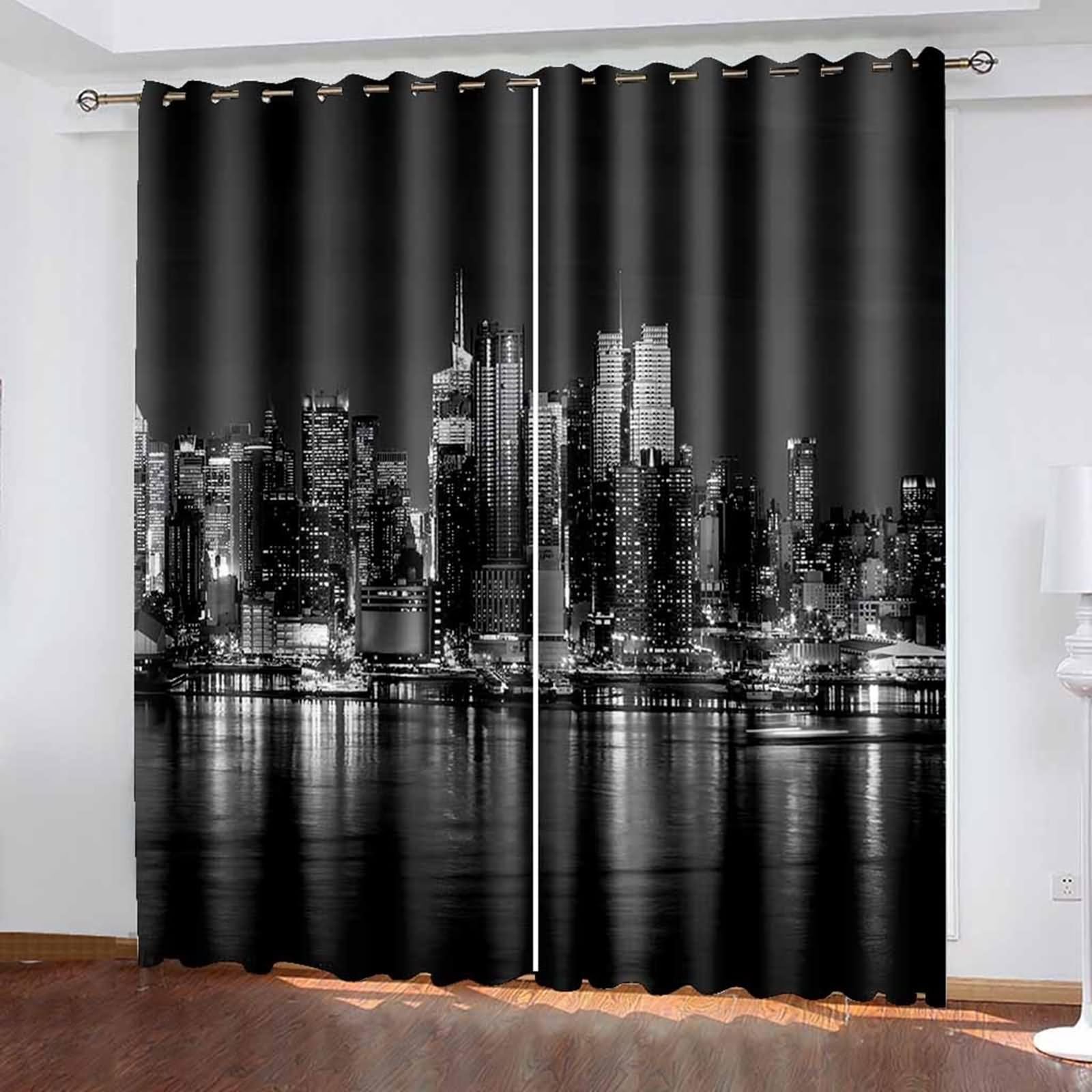 Rideau de Fenetre Interieur Salle de Bain, Rideau Boheme Exterieur Gris Foncé Paysage de Construction de La Ville Côtière Polyester Lot de 2 468x214cm