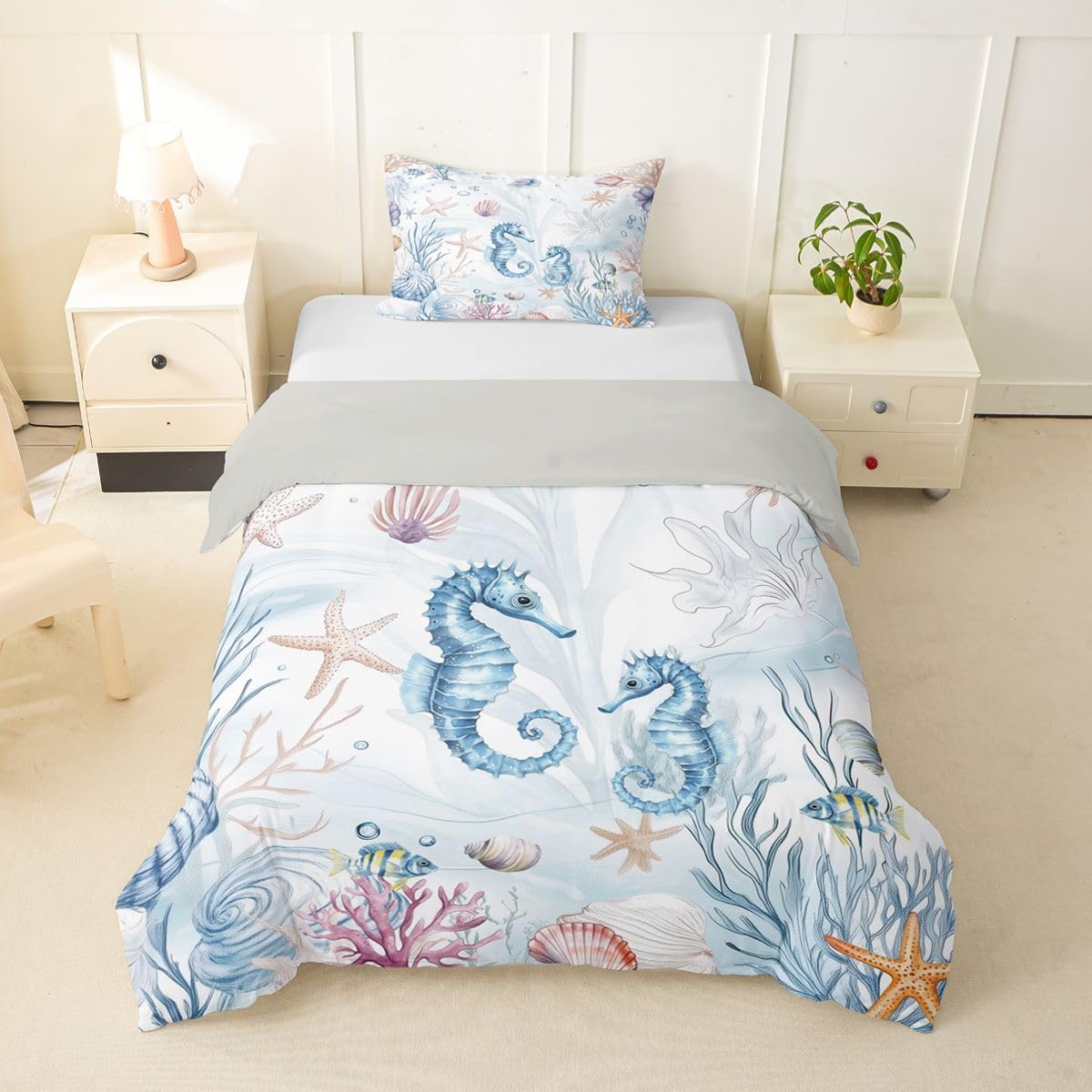 Erosebridal Seahorses Toddler Comforter Cover for Kids Boys - Coastal Nautical Themed Bedding Set Watercolor Seashell Starfish Duvet Cover,Underwater Marine Life Bed Set