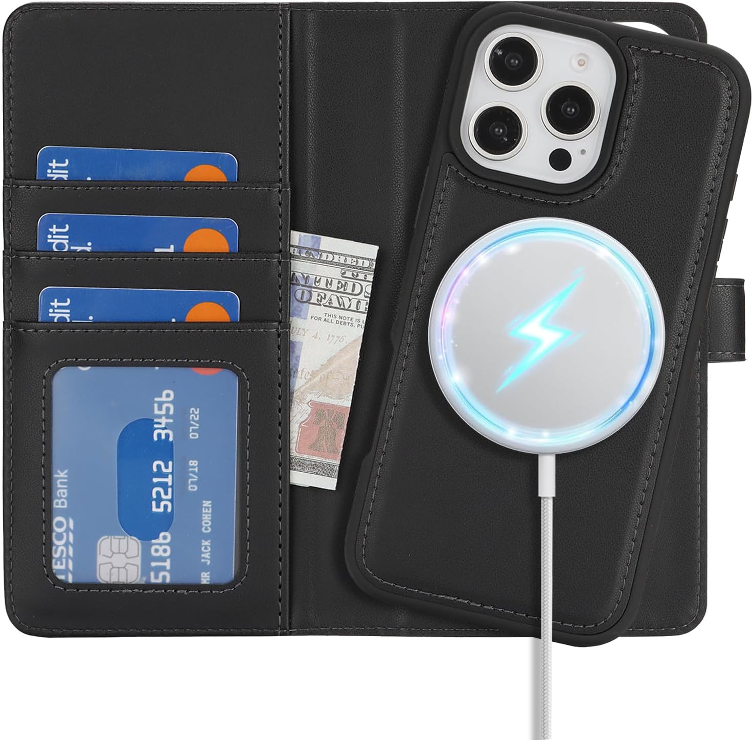 Ｈａｖａｙａ for iPhone 16 Pro Max Case Detachable Wallet Case with Card Holder, 2 in 1 Pu Leather Flip Folio Credit Card Slots Stand Compatible Magsafe Magnetic Shockproof Phone Cover (6.9")-Black