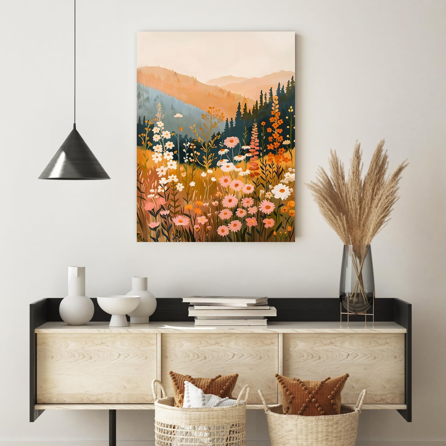 Cyebmo Framed Mountain Wildflower Wall Art Set of 3, Sunset Mountain Nature Wall Decor, Colorful Floral Landscape Canvas Prints, Rustic Botanical Artwork for Bedroom Living Room Office 12x16 Inch