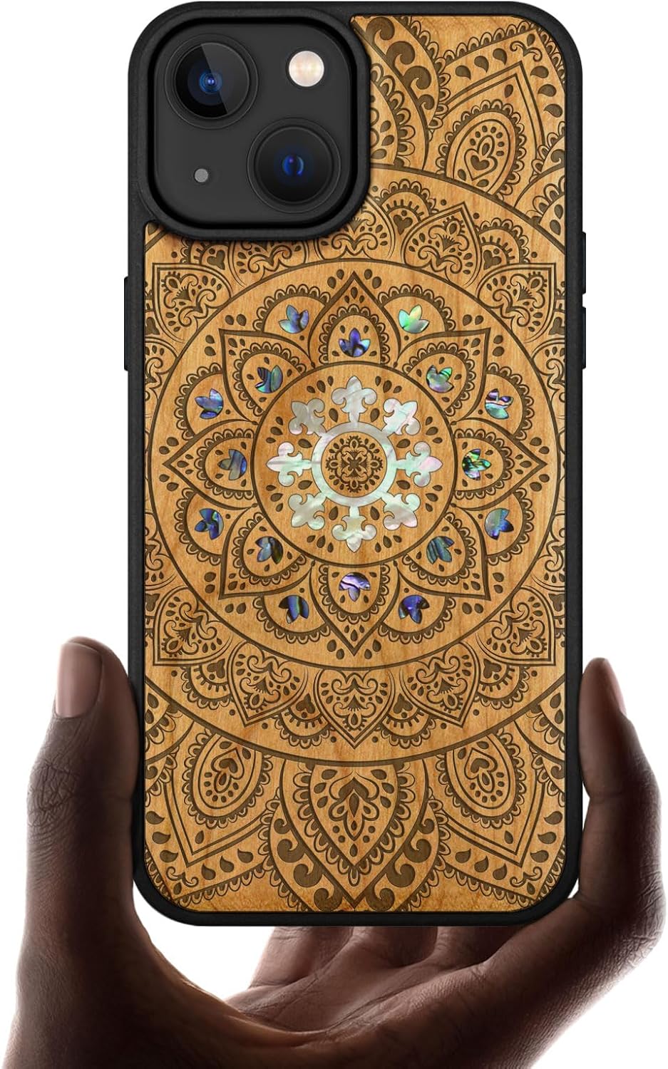 Carveit Wooden Case for iPhone 15 Magnetic Case, Compatible with MagSafe Wireless Chargers, Shockproof Cover, Handmade Shell Inlaid & Wood Artisan Engraved (Mandala Floral) Cherry