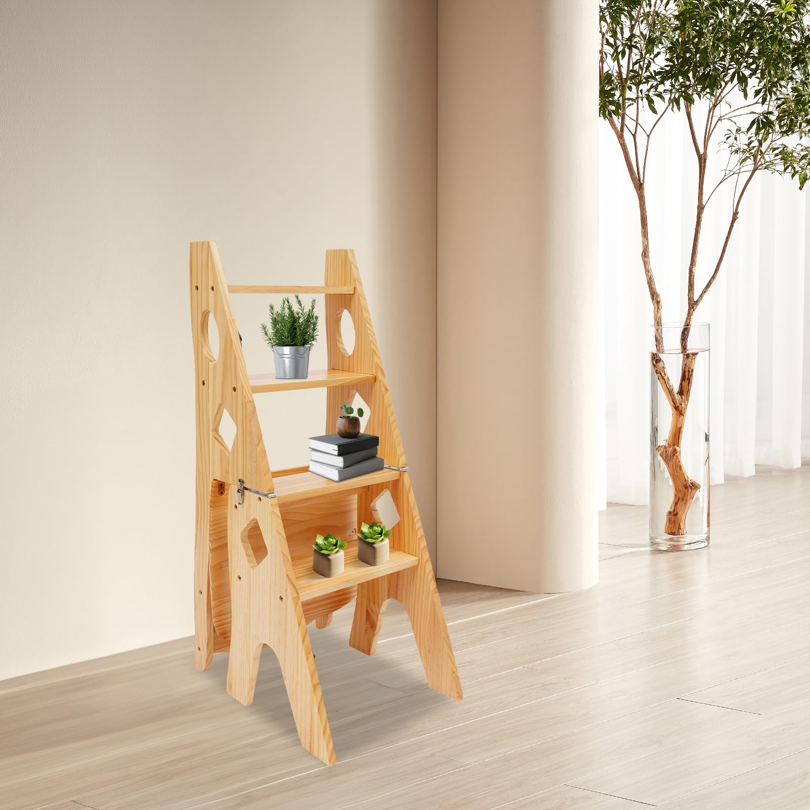 Składane krzesło biblioteczne, 4-stopniowy taboret z drewna sosnowego, składane krzesło drabinkowe, wielofunkcyjne krzesło do wchodzenia, do użytku wewnątrz i na zewnątrz, nośność 100 kg (kolor drewna
