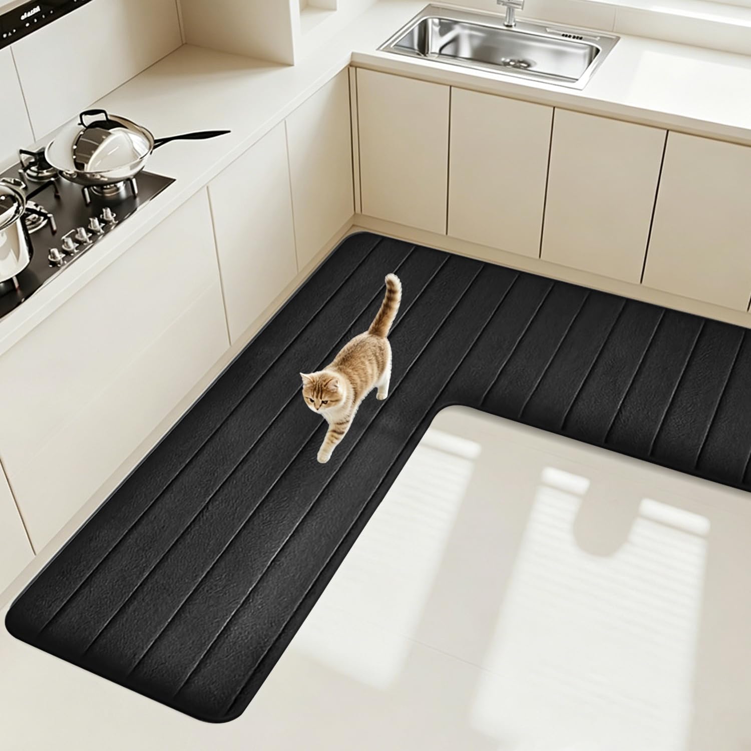 Tapis de cuisine en L anti-glisse : polaire douce et absorbante pour un sol sec sans éclaboussures