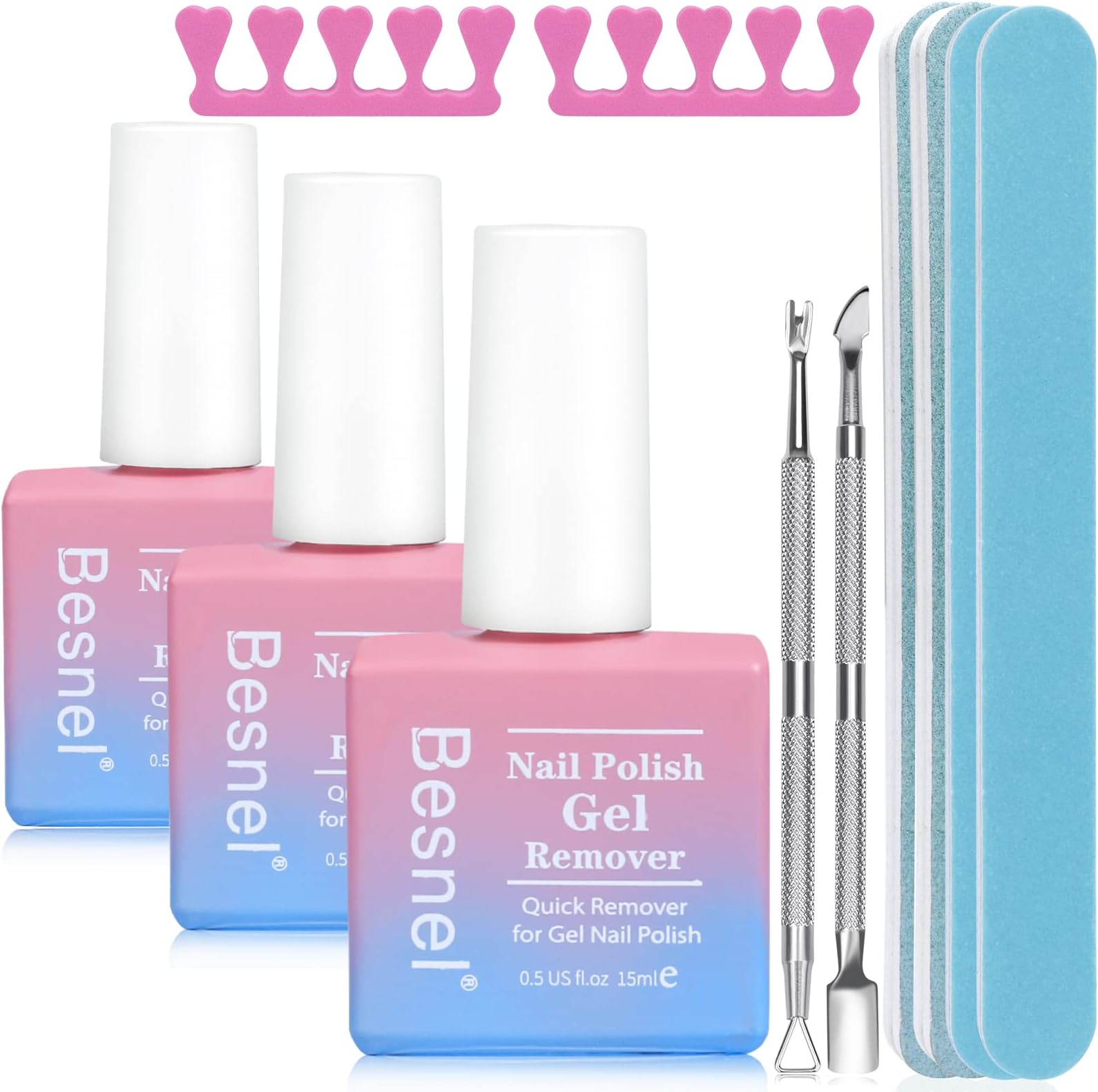 Gel Nail Polish Remover 3 Pack Professional Gel Polish Remover Non-Irritating Quick Easy,Gel Remover Tools Kit Nail File Cuticle Pusher Nail File Grit,No Need For Foil Soaking Or Wrapping