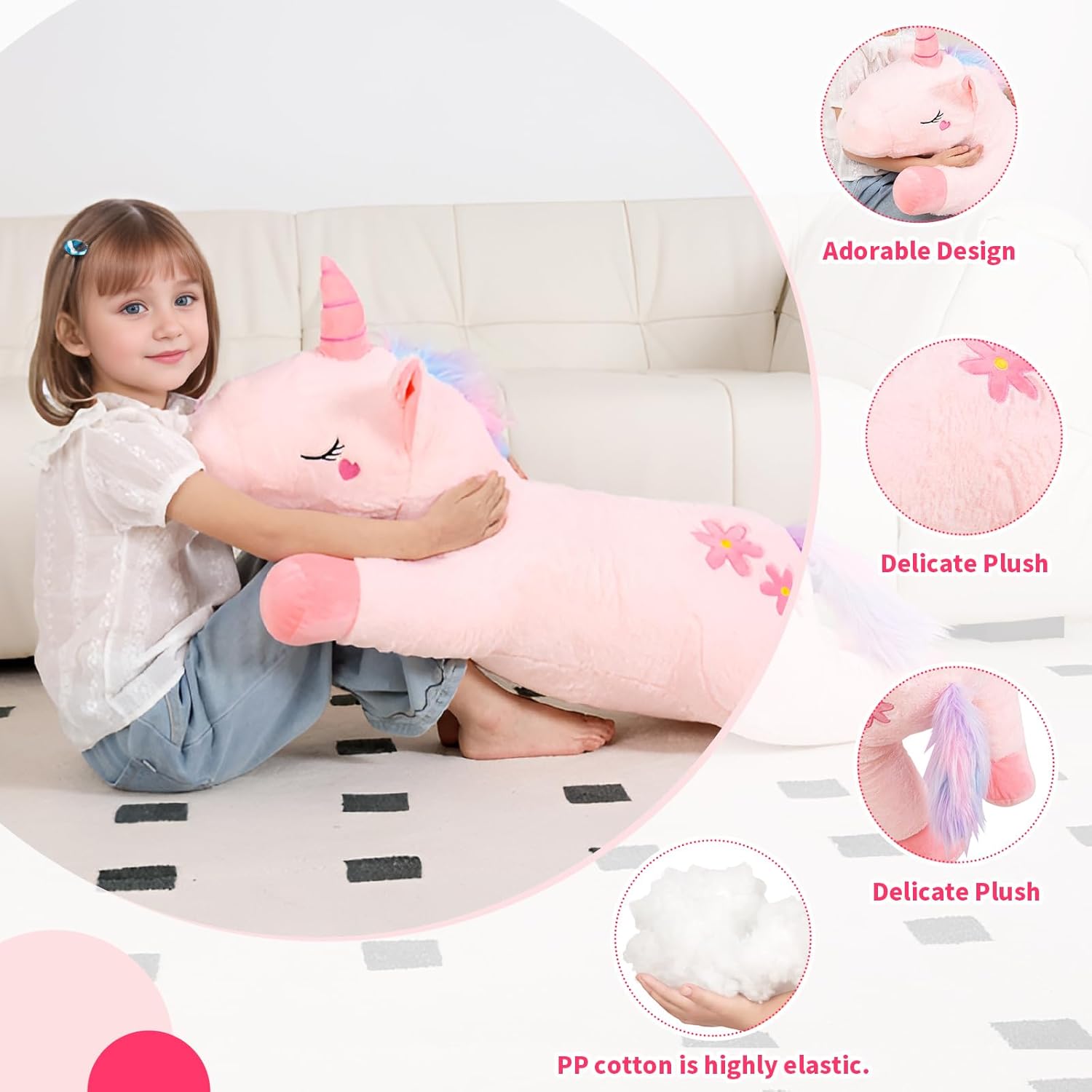Tianmihou 40inch Cute Giant Pink Unicorn Plush Toy, Jumbo Soft Long Body Pillow Plushies Pets, Large Rainbow Unicorn Stuffed Animals, Big Doll for Kids Boys and Girls, Birthday