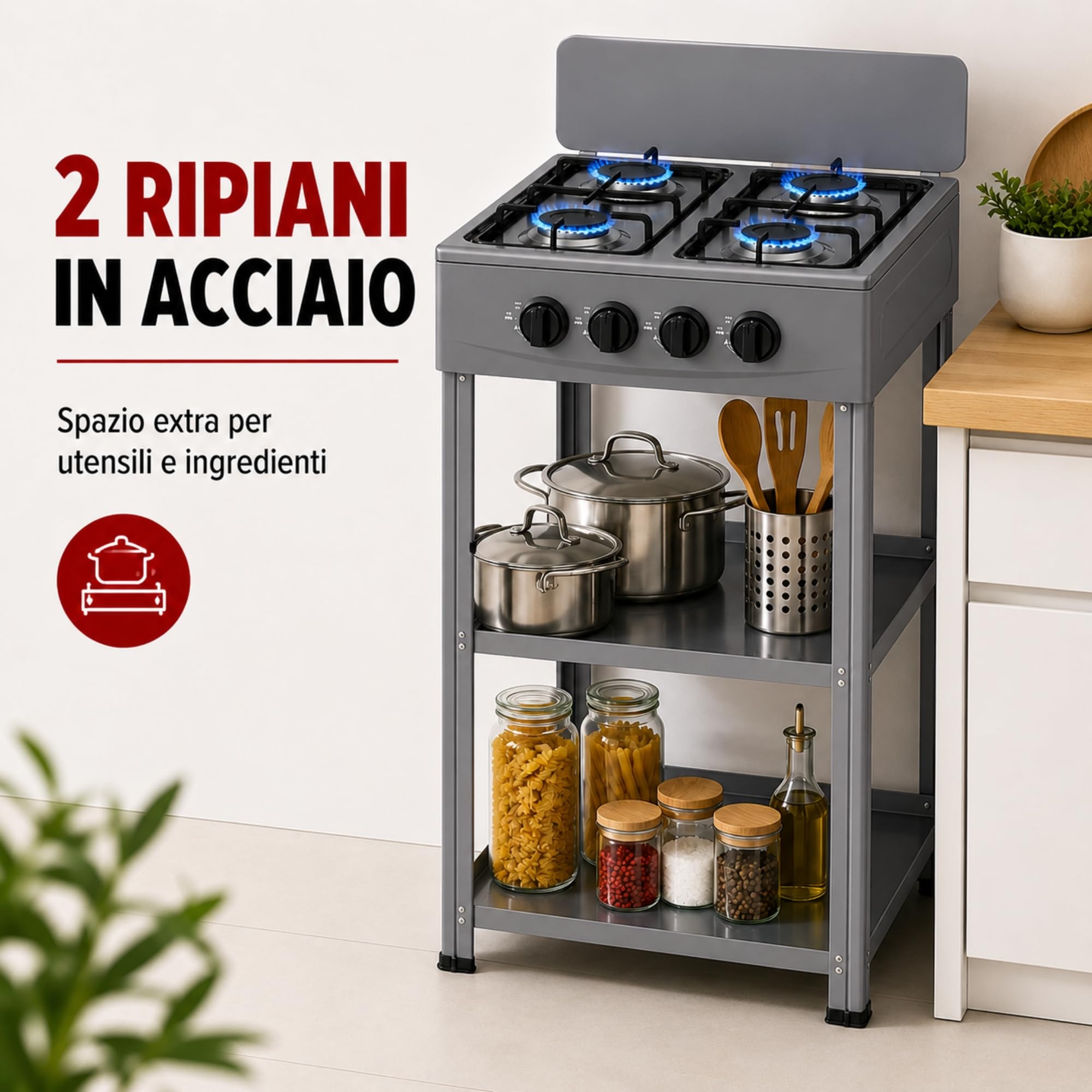 Fornello a Gas 4 Fuochi con Mobile e 2 Ripiani Acciaio, Cucina Compatta in Alluminio con Controllo Fiamma, Piano Cottura 82x49x49 cm per Interno ed Esterno, Grigio