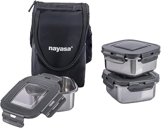 Nayasa Stainless Steel Eco Crunch 3 Office Lunch Box with 3 Containers (300 ml Each) | Airtight Leak Proof Lid | 4 Side Lo... Price In India