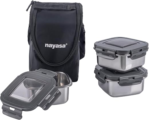 Nayasa Stainless Steel Eco Crunch 3 Office Lunch Box with 3 Containers (300 ml Each) | Airtight Leak Proof Lid | 4 Side Lo...