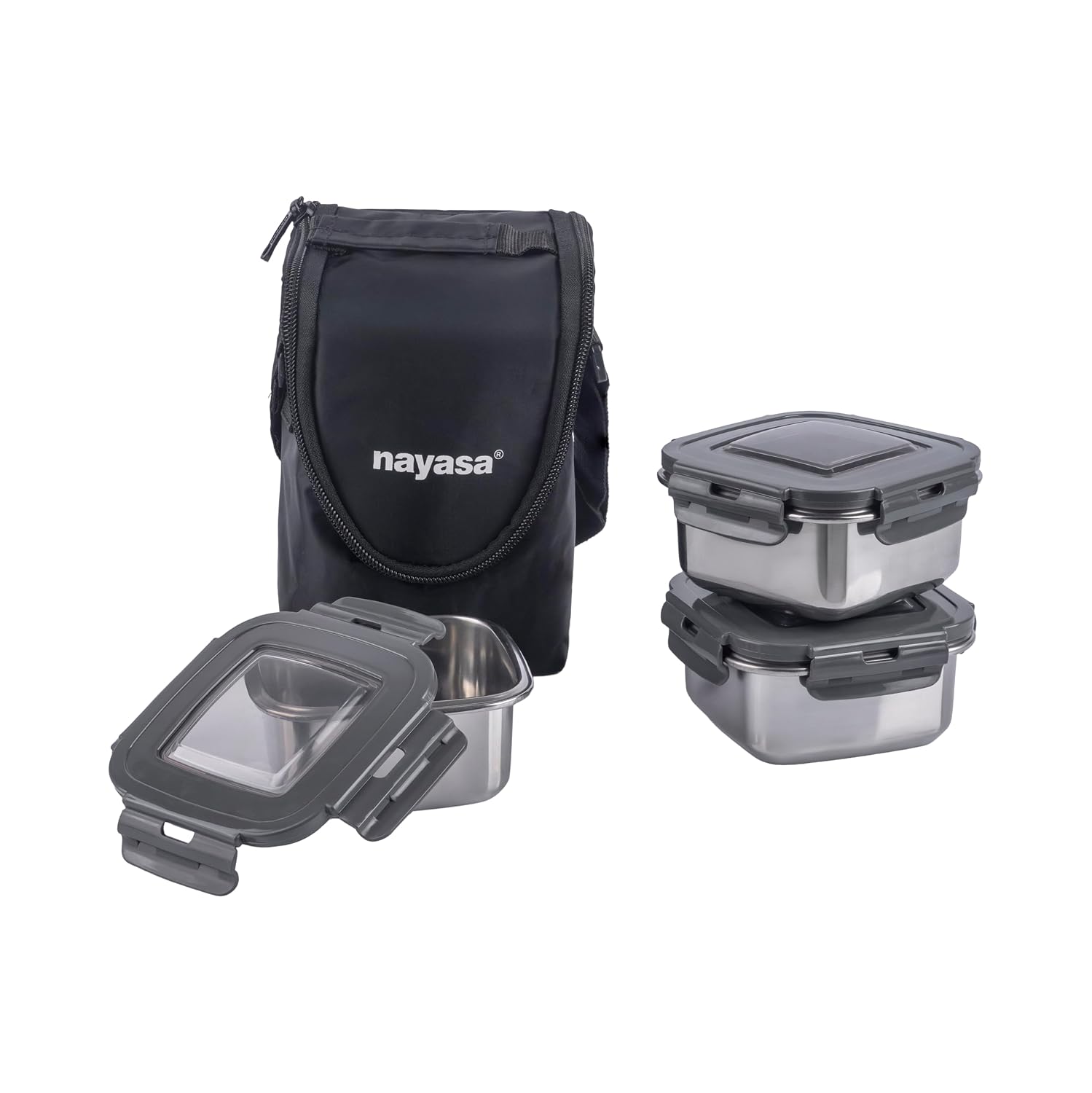 Nayasa Stainless Steel Eco Crunch 3 Office Lunch Box with 3 Containers (300 ml Each) | Airtight Leak Proof Lid | 4 Side Lo...