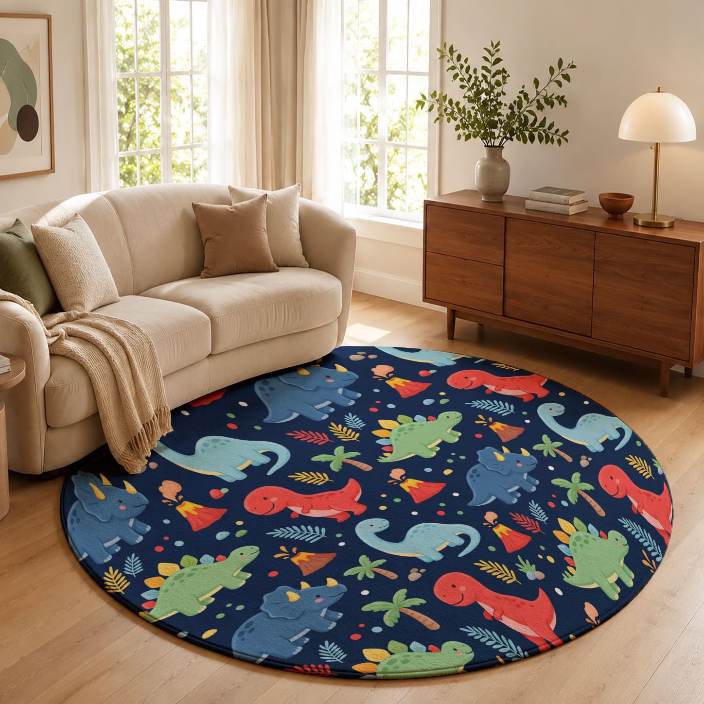 Tapis Rond Lavable Dinosaures Volcans Plantes 120cm | Tapis Animaux De Dessin Animé Mignons Antidérapants Salon Lavable en Machine pour pour Salle à Manger, Entrée, Cuisine, Bleu Marine