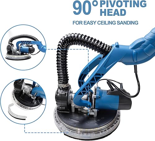 Miniatura 5 de HERZO Lijadora eléctrica para paneles de yeso, 750 W 6.5 A con velocidad variable de 1000 a 1850 RPM, accesorio al vacío, potente lijadora de pared