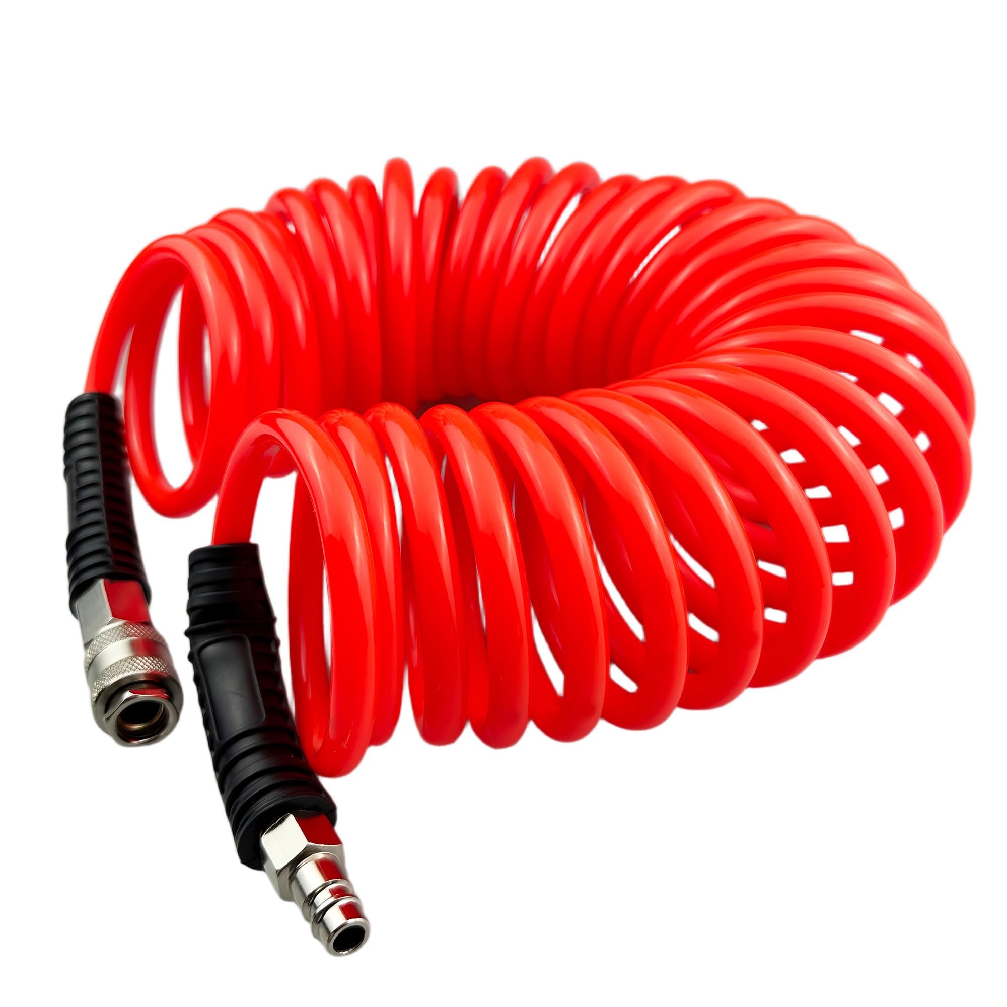 Darnassus Polyurethane Recoil Air Hose, 6 mm Inner Diameter, 7.5 m Red with Bend Restrictor and Industrial Quick Coupler and Plug