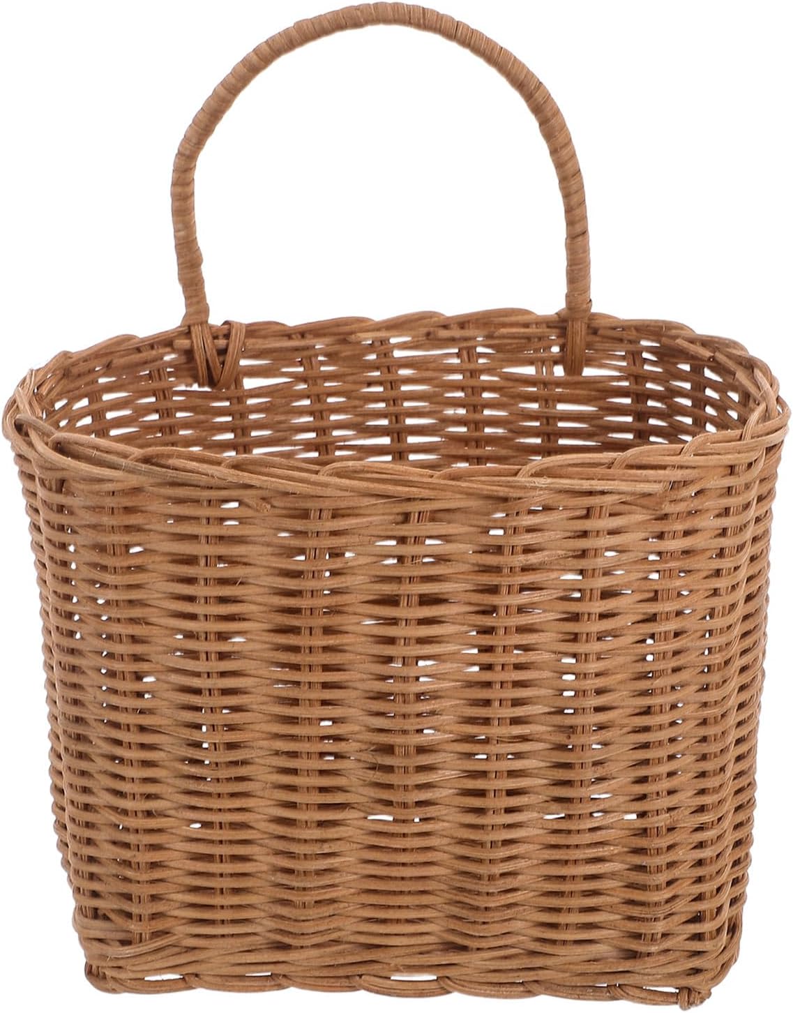 Handmade Rattan Woven Hanging Basket with Handle, Wall-mounted Wicker Storage Organizer for Kitchen and Bedroom, Light Brown Natural Fiber Flower and Fruit Basket