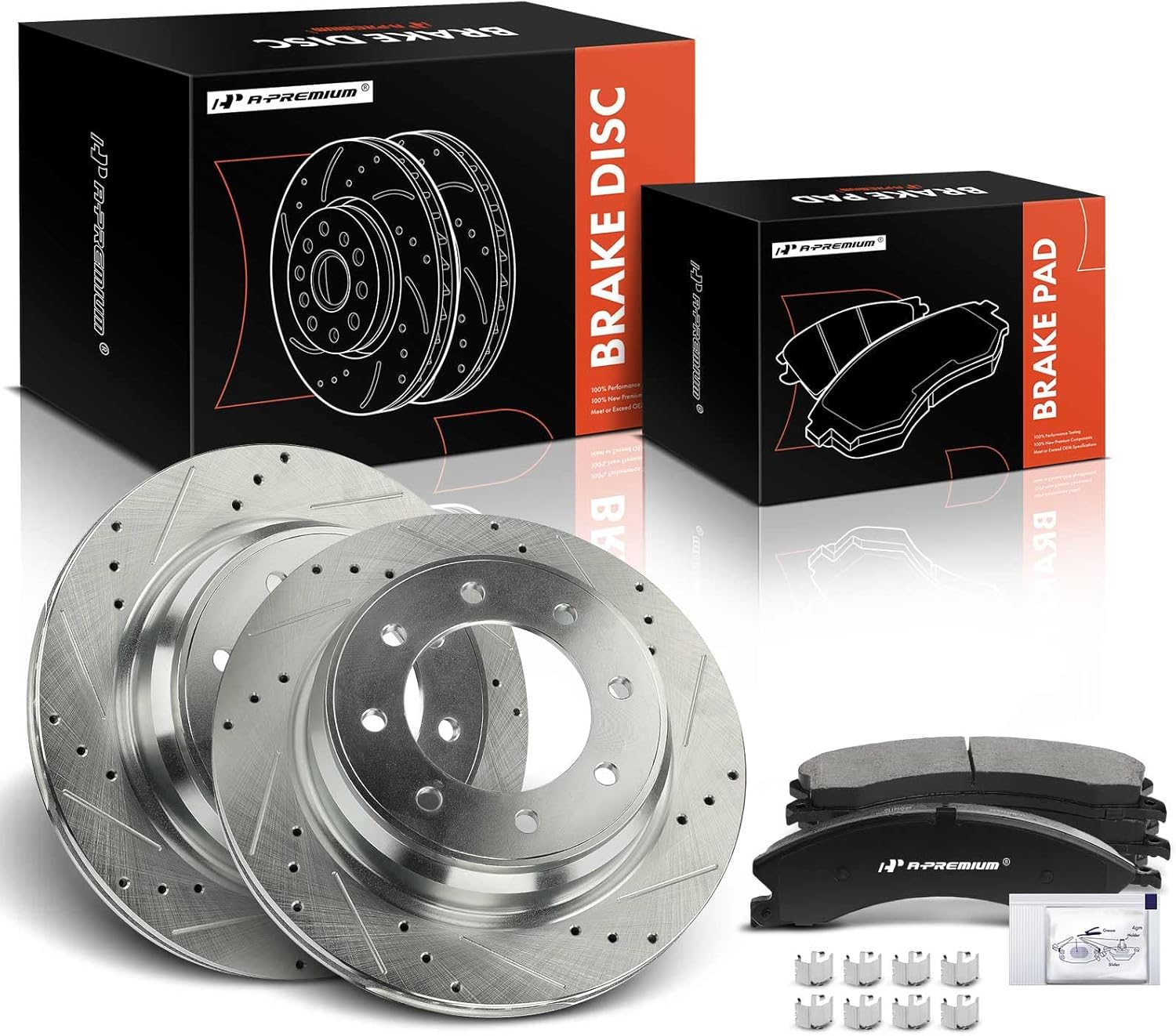 A-Premium 14.37 inch (365 mm) Rear Drilled and Slotted Disc Brake Rotors + Ceramic Pads Kit Compatible with Select Nissan Models - NV1500 2012-2021, NV2500 2012-2021, NV3500 2012-2021, 6-PC Set