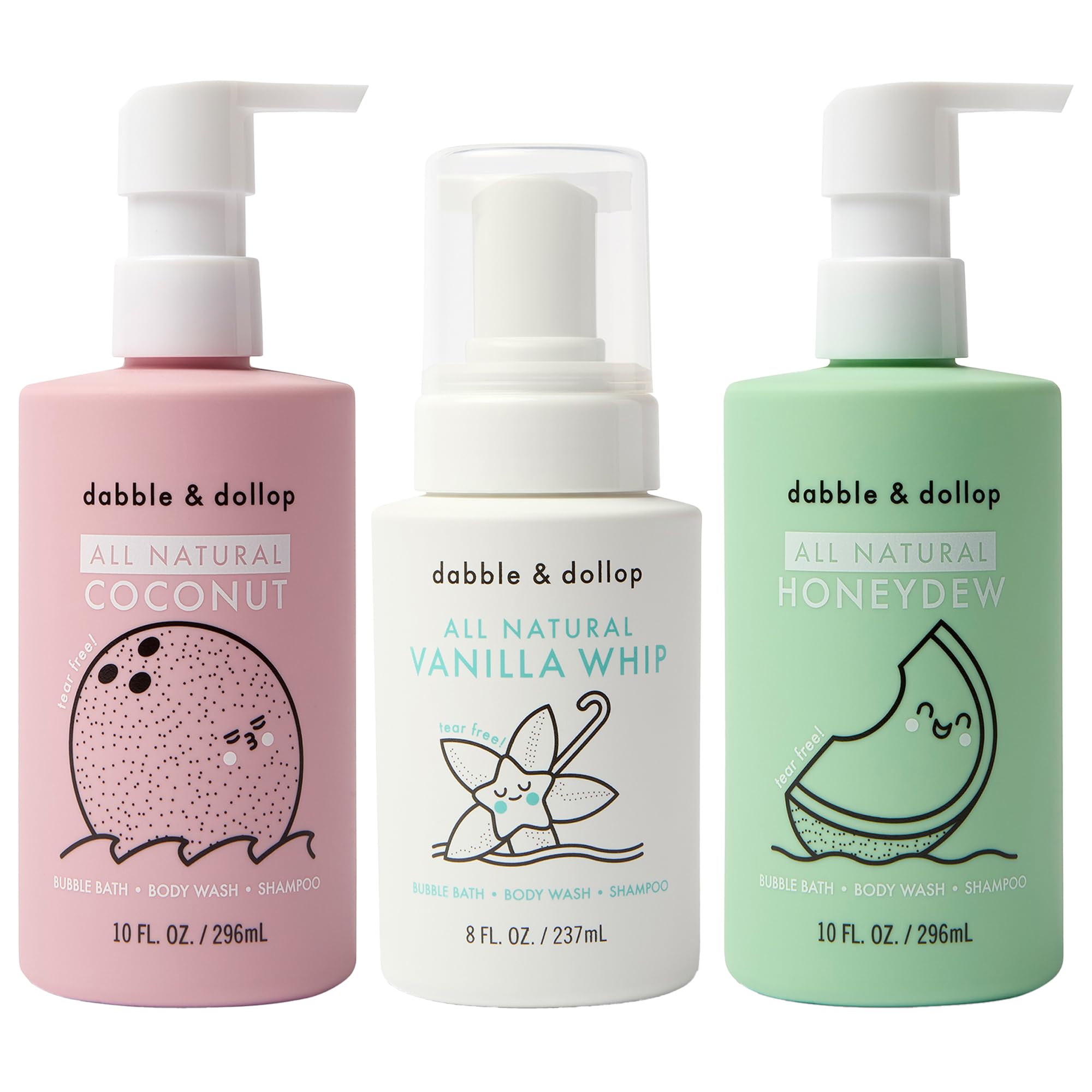 Dabble & Dollop Beachy Bundle, Natural Bubble Bath, Body Wash, Shampoo for Kids, Paraben & Sulfate Free, Vegan, Gluten-Free, Tear-Free, Honeydew Melon, Vanilla & Coconut (Set of 3)