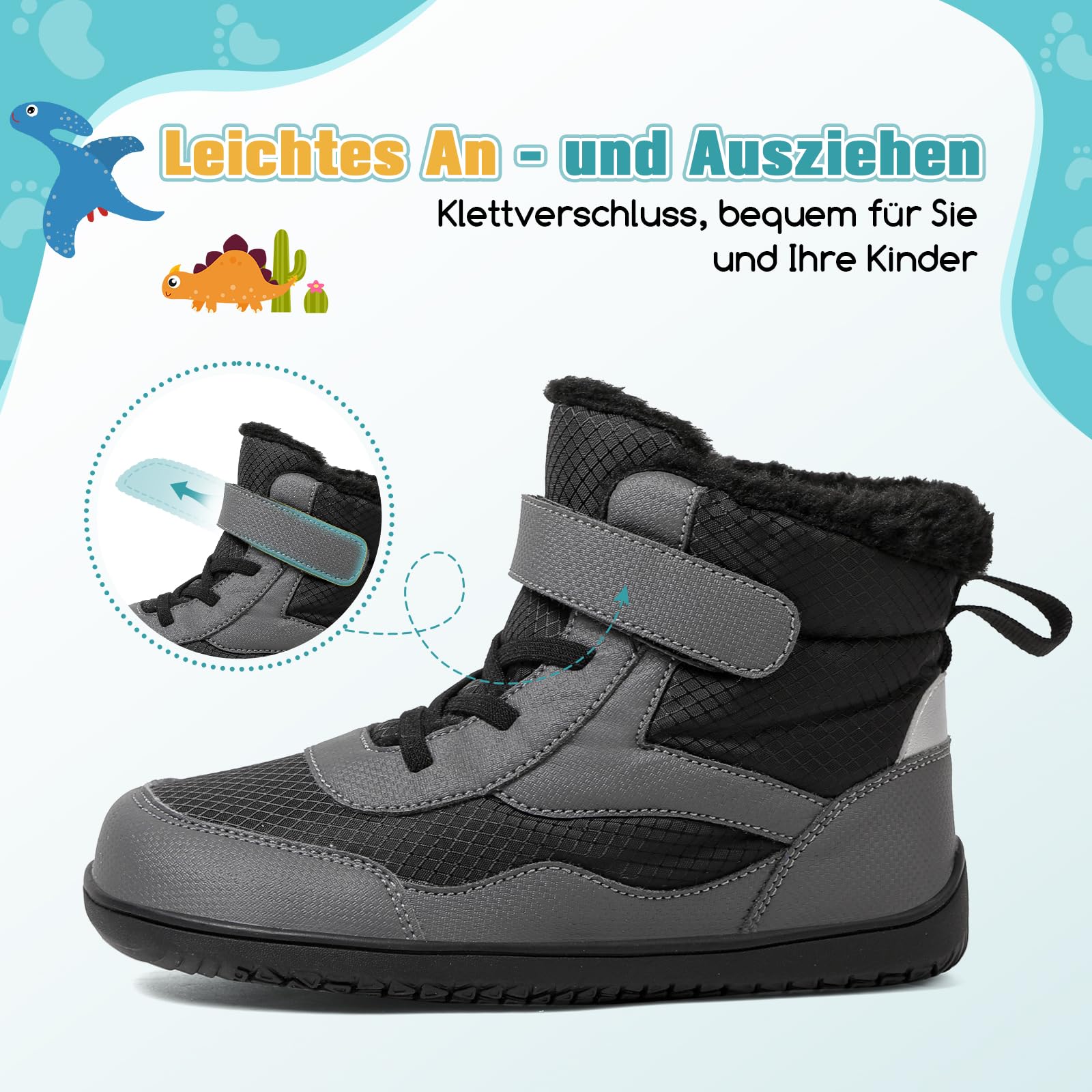 Kinder Winter Barfußschuhe Warme Gefüttert Schneestiefel mit Klettverschluss Barfußschuhe Winter Kinder Schneestiefel Breiter Zehe Wanderschuhe Leicht Rutschfest Winterstiefel
