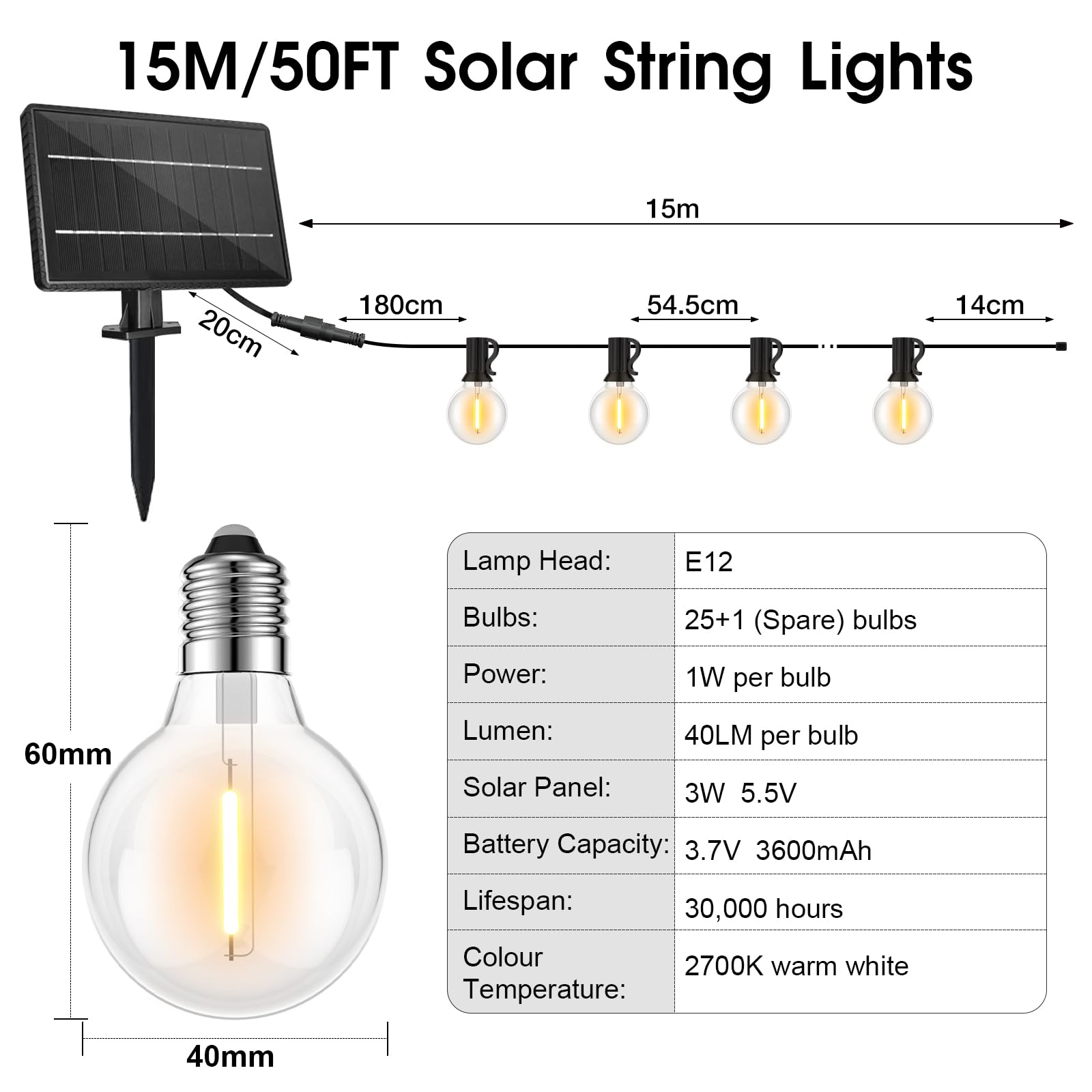 Toipwen Catena Luminosa Esterno Solare, 15M Impermeabile Catena Luminosa Solare con 25+1 lampadine, 4 Modelli, Ricarica Solare o di Type-C, Adatto per Patio, Giardino, Bistrot, Partito