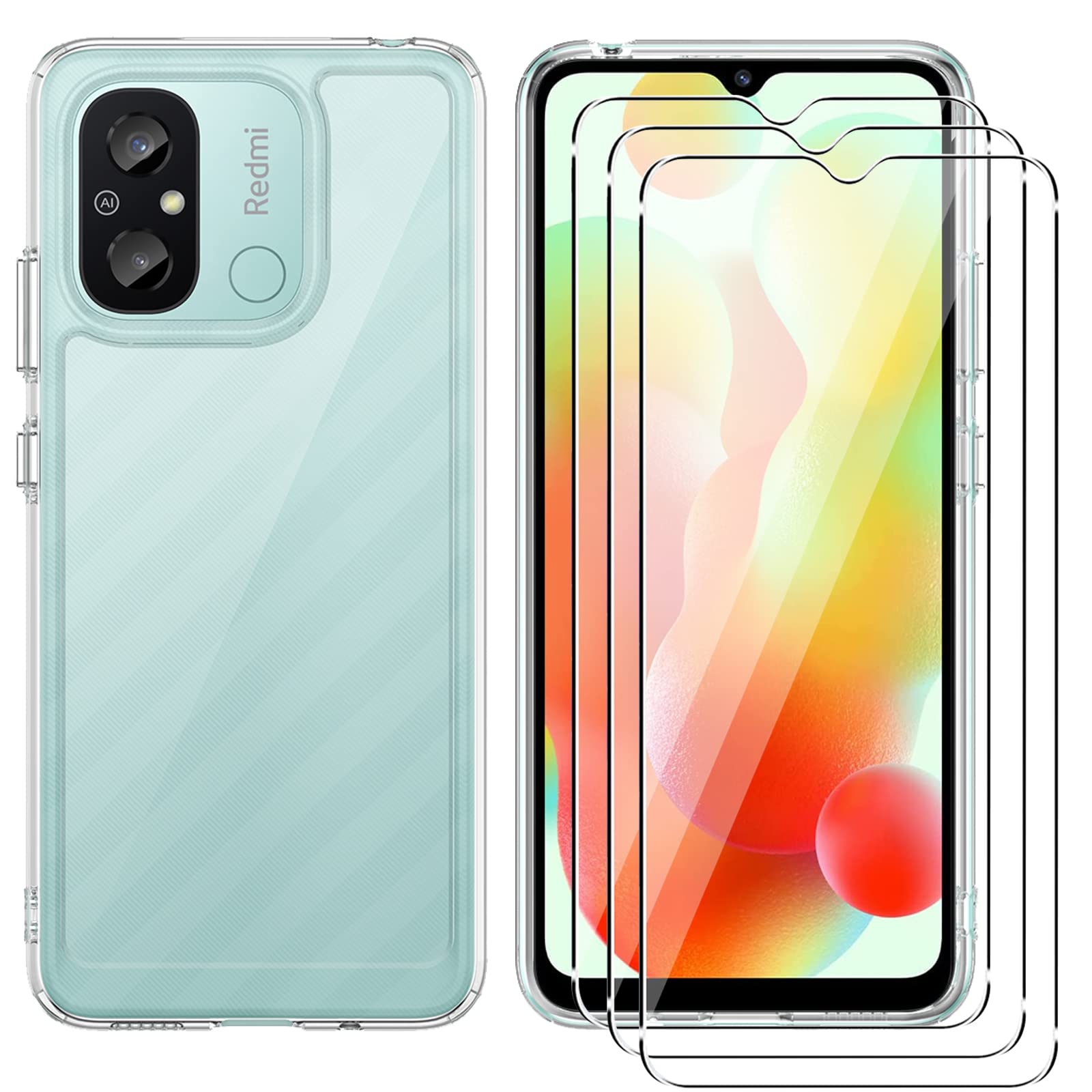Cover per Xiaomi Redmi 12C/11A con 3 Pezzi Pellicola Vetro Temperato, Custodia in Morbida Silicone Liquido, Sottile e Antiurto con Rivestimento in Microfibra AntiGraffio, Blu