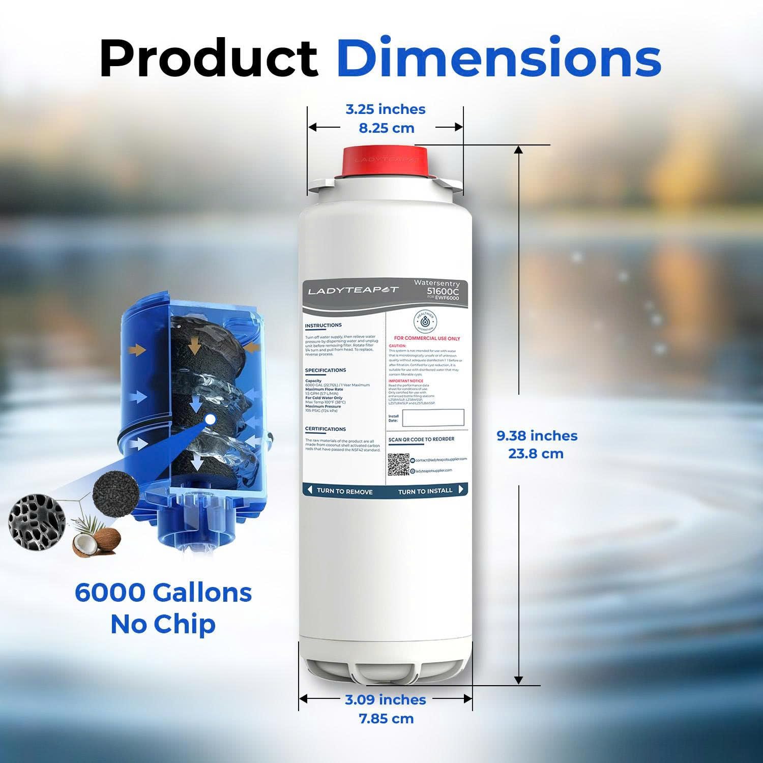 LADYTEAPOT 51600C Filter Replacement Compatible With Elkay 51600C EWF6000 Bottle Filling Stations, 6000 Gallons/12 Months (No Chip - 3 Pack)