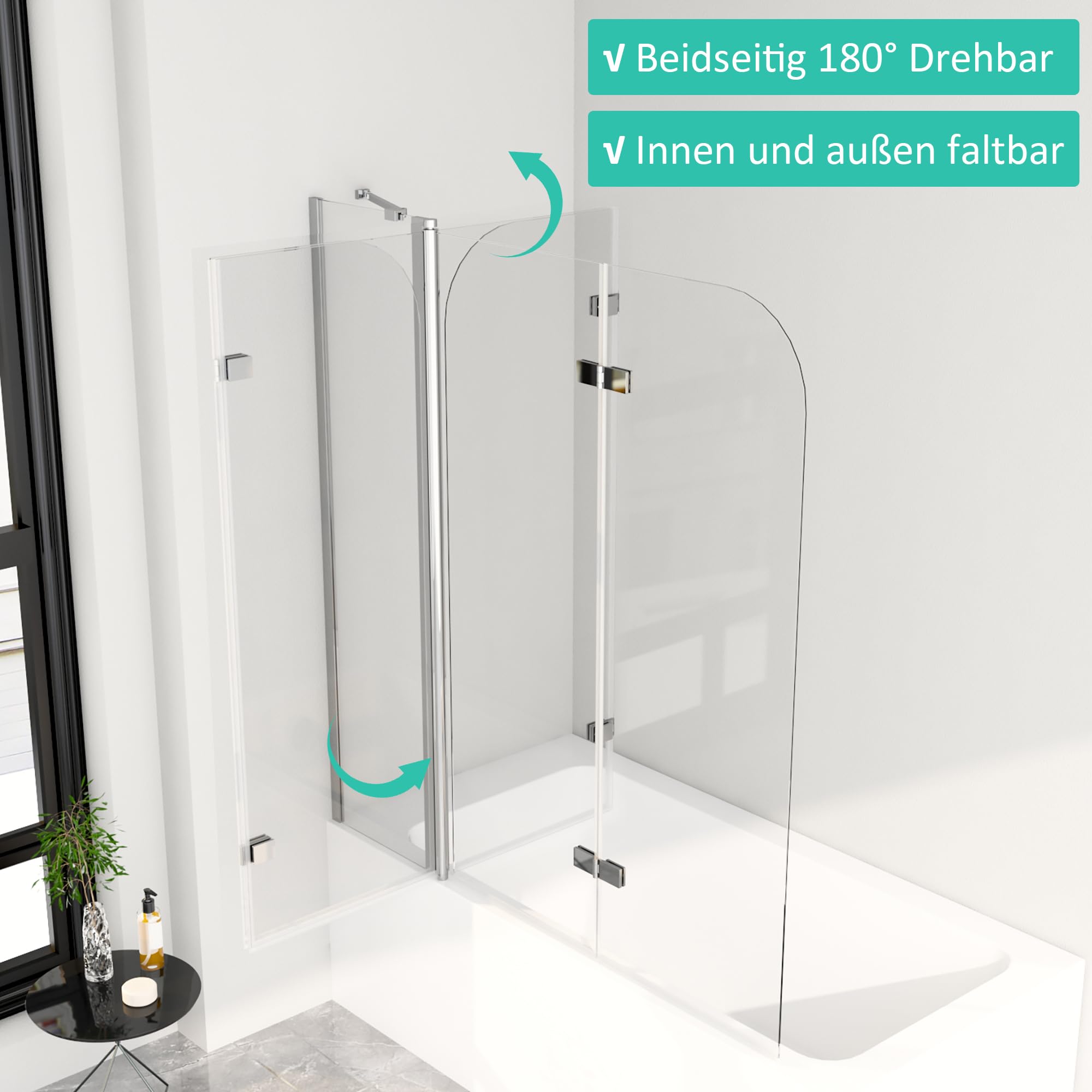 Duschwand für Badewanne 3 teilig faltbar 6mm NANO Sicherheitsglas (ESG) Faltwand Badewannenaufsatz Badewannenfaltwand Duschabtrennung für Badewanne (150x140cm)