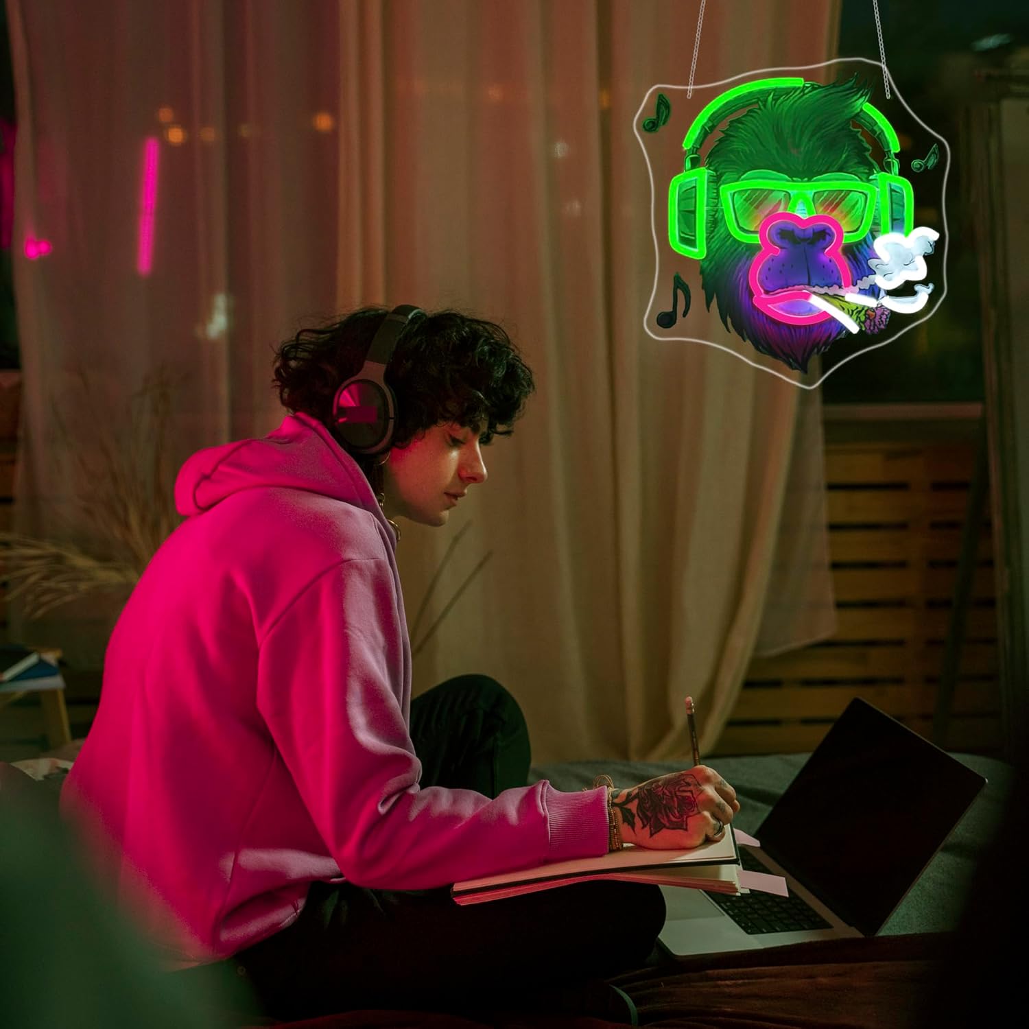 Neon Sign, Gorilla Neon Signs for Wall Decor - Gorilla with Headphones LED Light for Game Room/Man Cave/Bar/Club - USB Powered Light Up Sign Decorations - Image 2