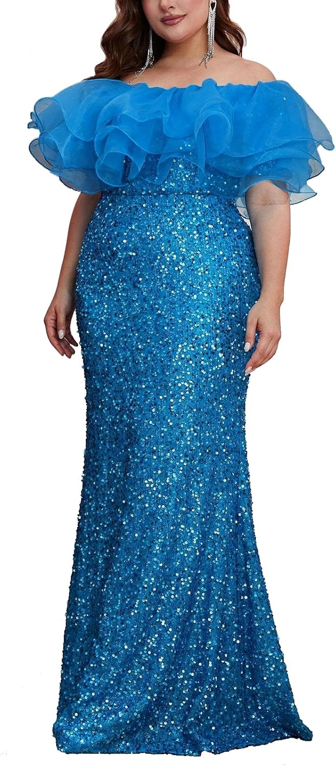 Sequin Formal Dress for Women – Sparkly Cold Shoulder Gown with Straps for Wedding Guest or Prom