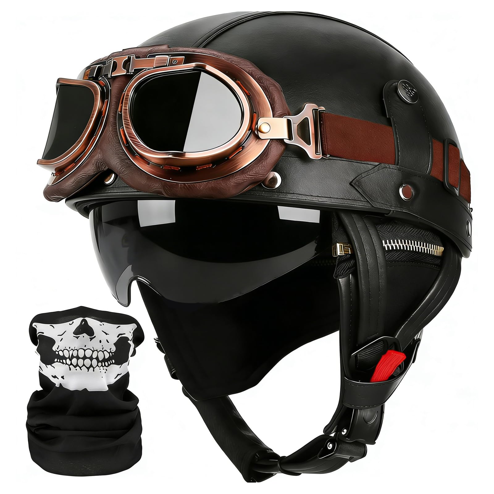 German Style Motorcycle Helmets, Retro Leather Half Helmet, DOT Approved Adult Men Women Vintage Half Face Helmet, with Goggles, for Moped Bike Cruiser Scooter Chopper (Black, L) : Automotive