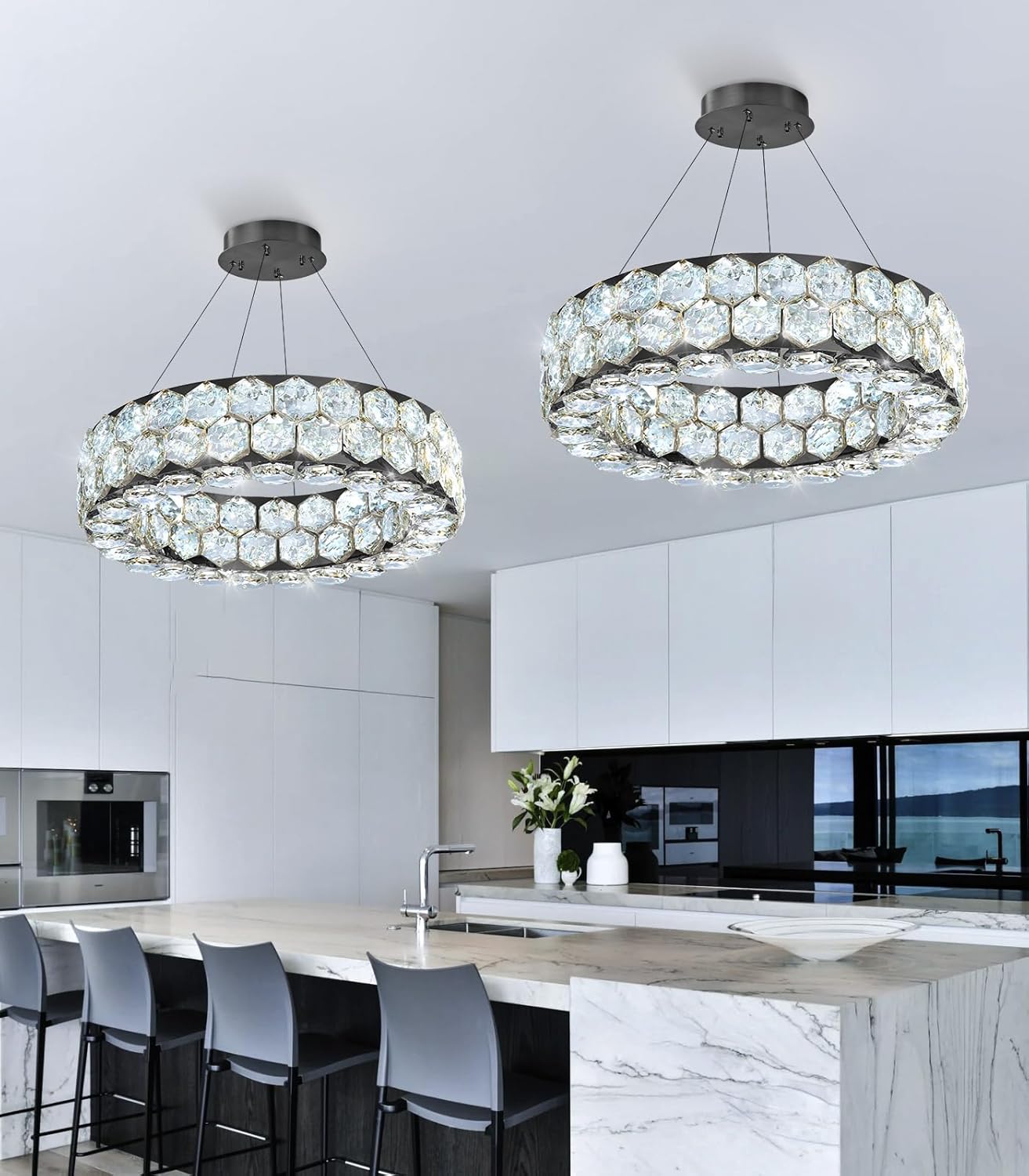 Crystal Chandeliers Modern Rings Pendant Light LED Dimmable Ceiling Light for Bedroom Dinning Room Kitchen Black