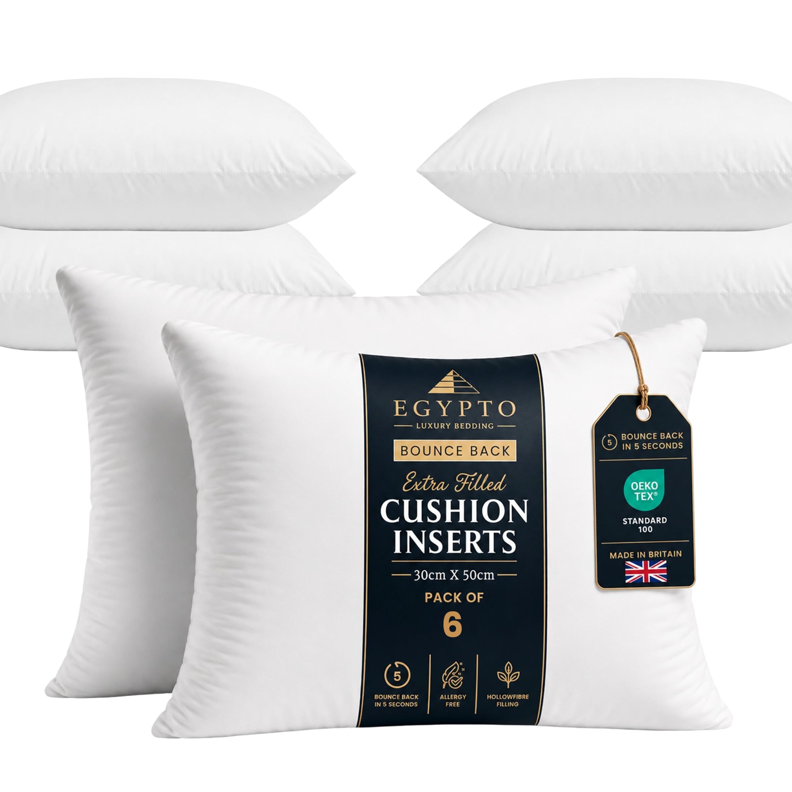 EGYPTO Pack of 6 Cushion Inserts 30cm x 50cm | Plump Bounce Back 12x20 Inch Cushion Pads | Hypoallergenic Sofa & Throw Pillows Inner | Made in UK