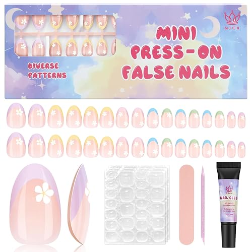 Qiek 16 Sizes Press on Nails Kit for Kids - 32 Pieces French Almond Fake Nail Tips for Girls 8-12 Years Old with Jelly Nail Adhesives & No-Lamp Nail Glue, Birthday Christmas Gifts (Colorful Flower)