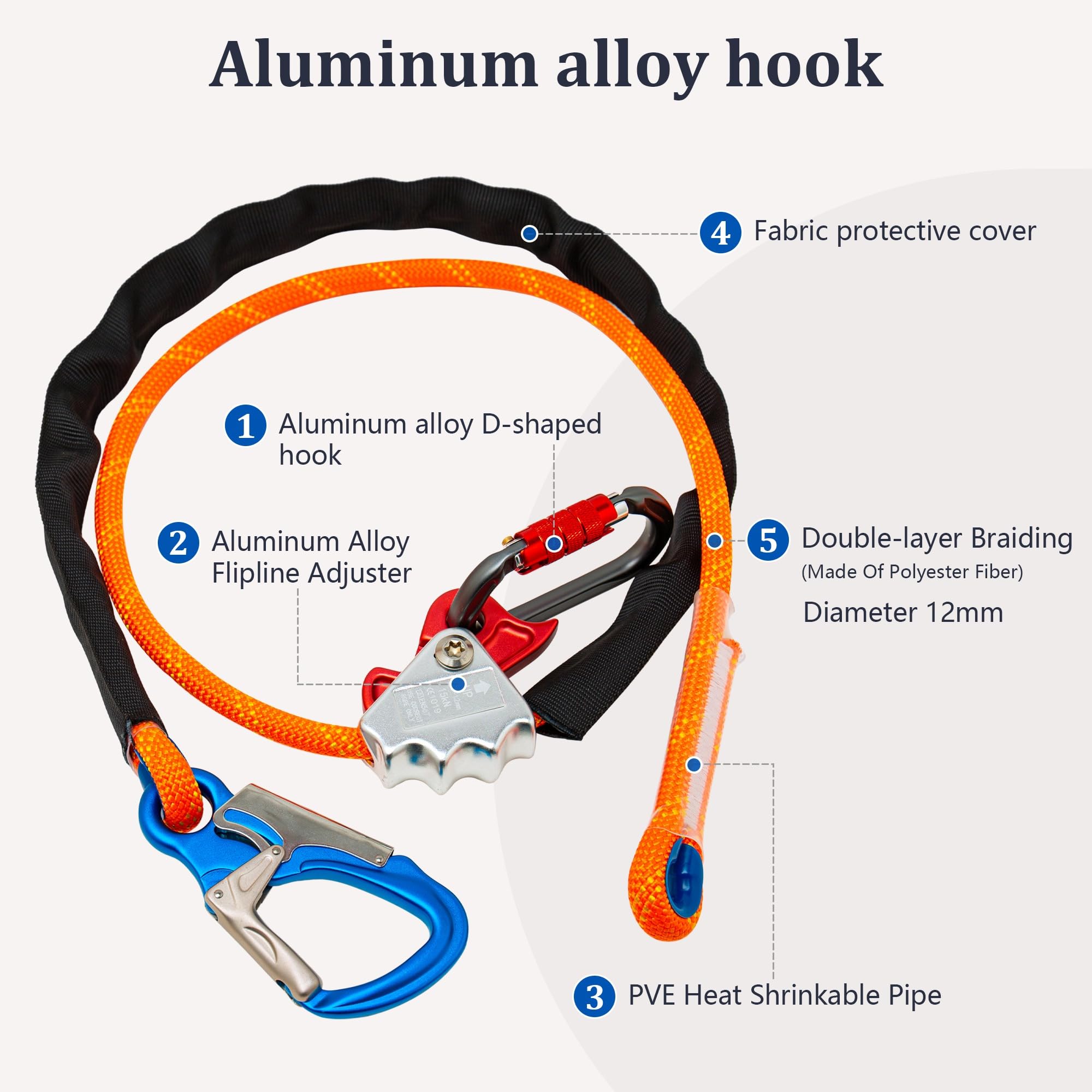 Lanyard de sécurité d'escalade,3m,Matériel en alliage d'aluminium,Corde de protection contre la chute avec couverture protectrice tissée,Tailler les arbres,Construction à haute altitude,EN358, CE