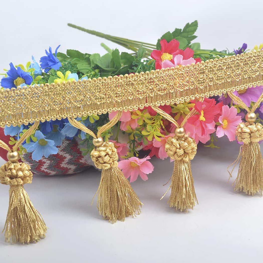 Fringe Tassel Lace Trim 12.5 Yards Braided Hanging Beads Handwork DIY Craft Sewing Accessory Lace for Home Curtain Table Decoration (Golden)