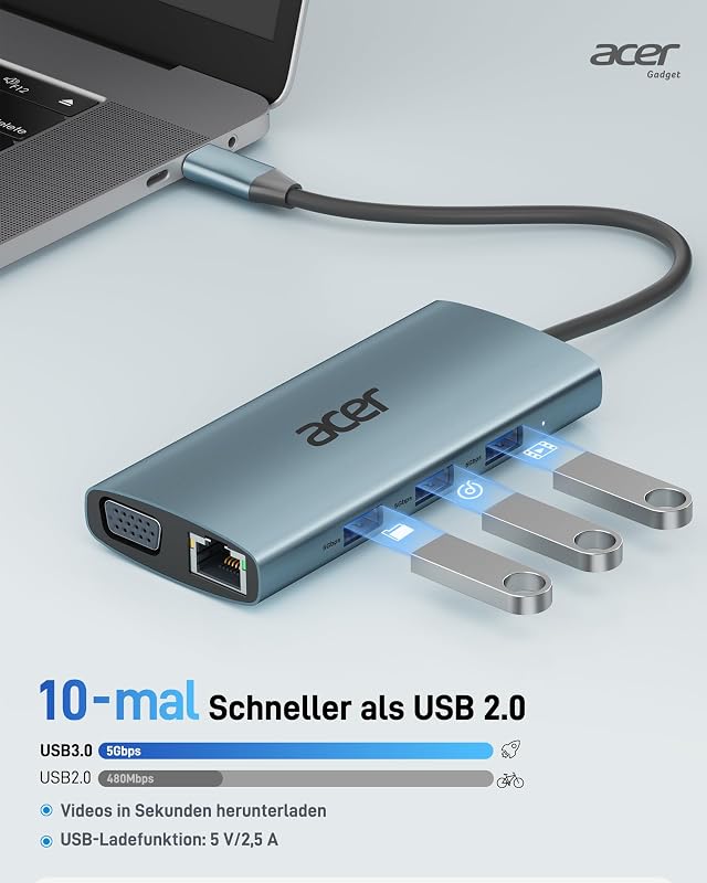 Acer 9-in-1 USB-C Hub Dokkoló, 4K HDMI, VGA, 3xUSB 3.0, Gigabit Ethernet, 100W PD, SD/TF Kártyaolvasó, Alumínium Adapter iPhone/MacBook/iPad
