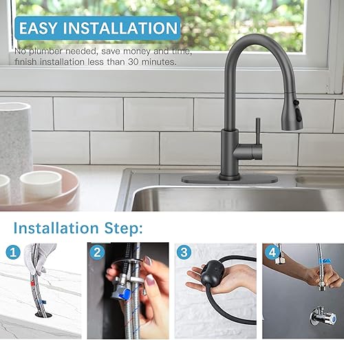 Miniatura 5 de Grifo de cocina con rociador desplegable para fregadero de cocina, grifo de fregadero de cocina negro mate con 3 modos (modos de flujo,