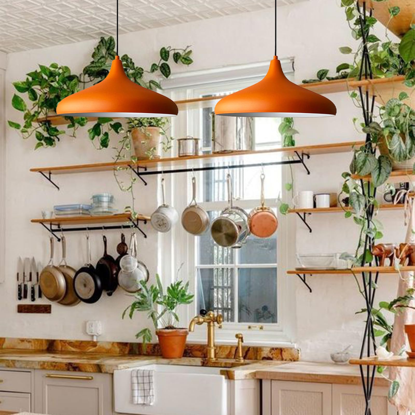 bamyum 2 Luces Champion Lámpara de Cocina, Lámpara Techo Colgante Vintage, Lámpara de Techo con Pantallas de 35 cm y Lámpara de Isla de Cocina de Metal de Lámparas de Techo Naranja