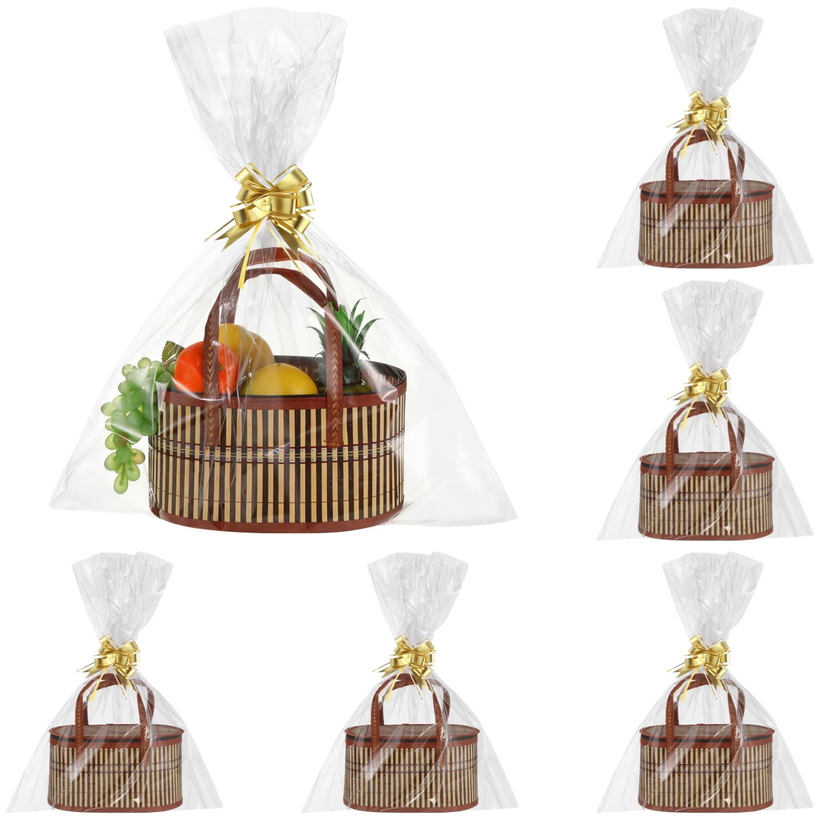 Set di 6 cesti regalo vuoti con manici, grandi cesti portaoggetti in tessuto con sacchetti trasparenti, fiocchi e biglietti, cesti da imballaggio per Natale, doccia, compleanno, inaugurazione della