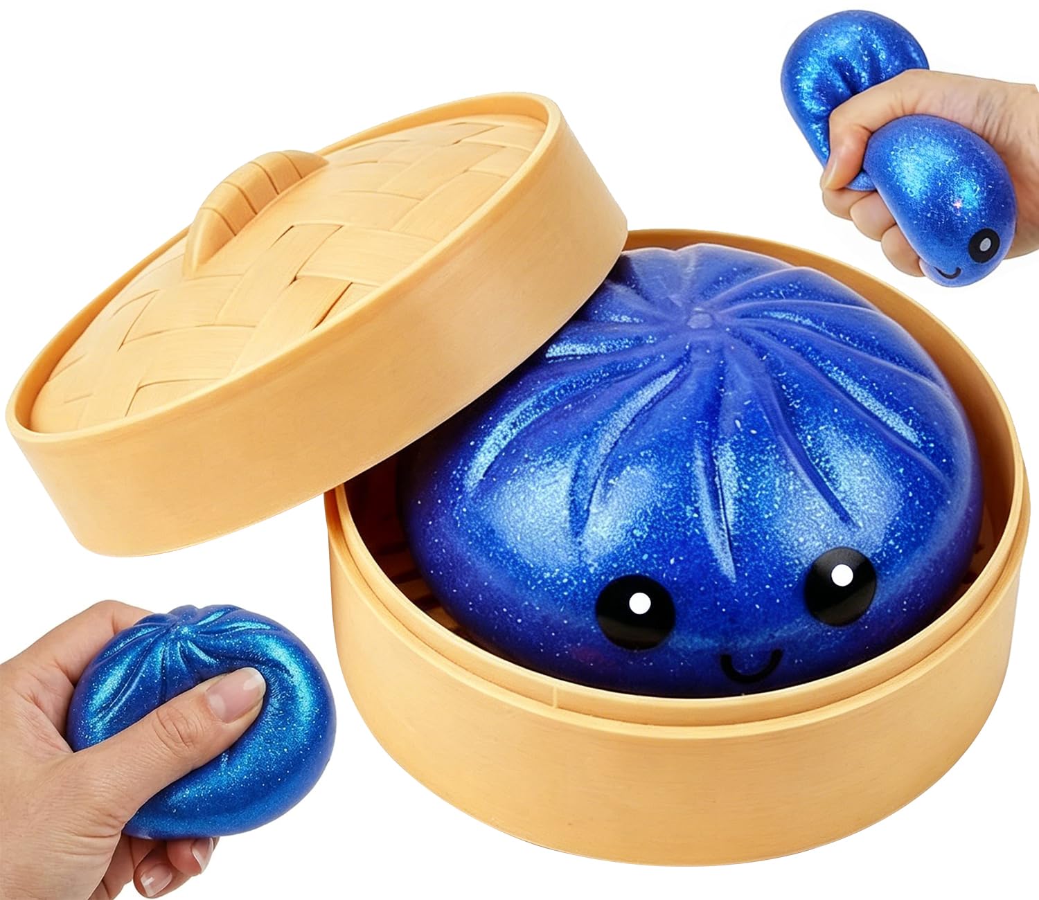 HATFRYF Dumpling Squishies Toy, Giant Glitter Dumpling, with Steamer Box Soft Squeeze Decompression Dough Toys, Cute Steamer Bun Design Stress & Anxiety Relief Squishy Dumplings Toys for Adults(Blue)