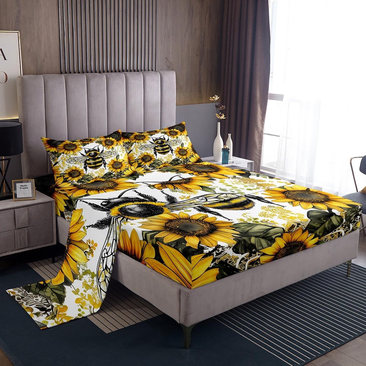 Feelyou Bee Bed Sheets Set King Size Bee Honeycomb Daisy Bedding Set for Kids Boys Girls Garden Floral Decor Sheet Set with Deep Pocket Fitted Sheet Microfiber Buffalo Check Plaid Bed Cover