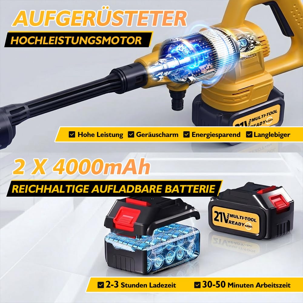 Akku Hochdruckreiniger 21V, 68 Bar, 2X 4000mAh Akkus | Bürstenloser Motor, 180°/360° Drehdüse, 6 in 1 Düse, Flaschenanschluss, Verlängerungsstange