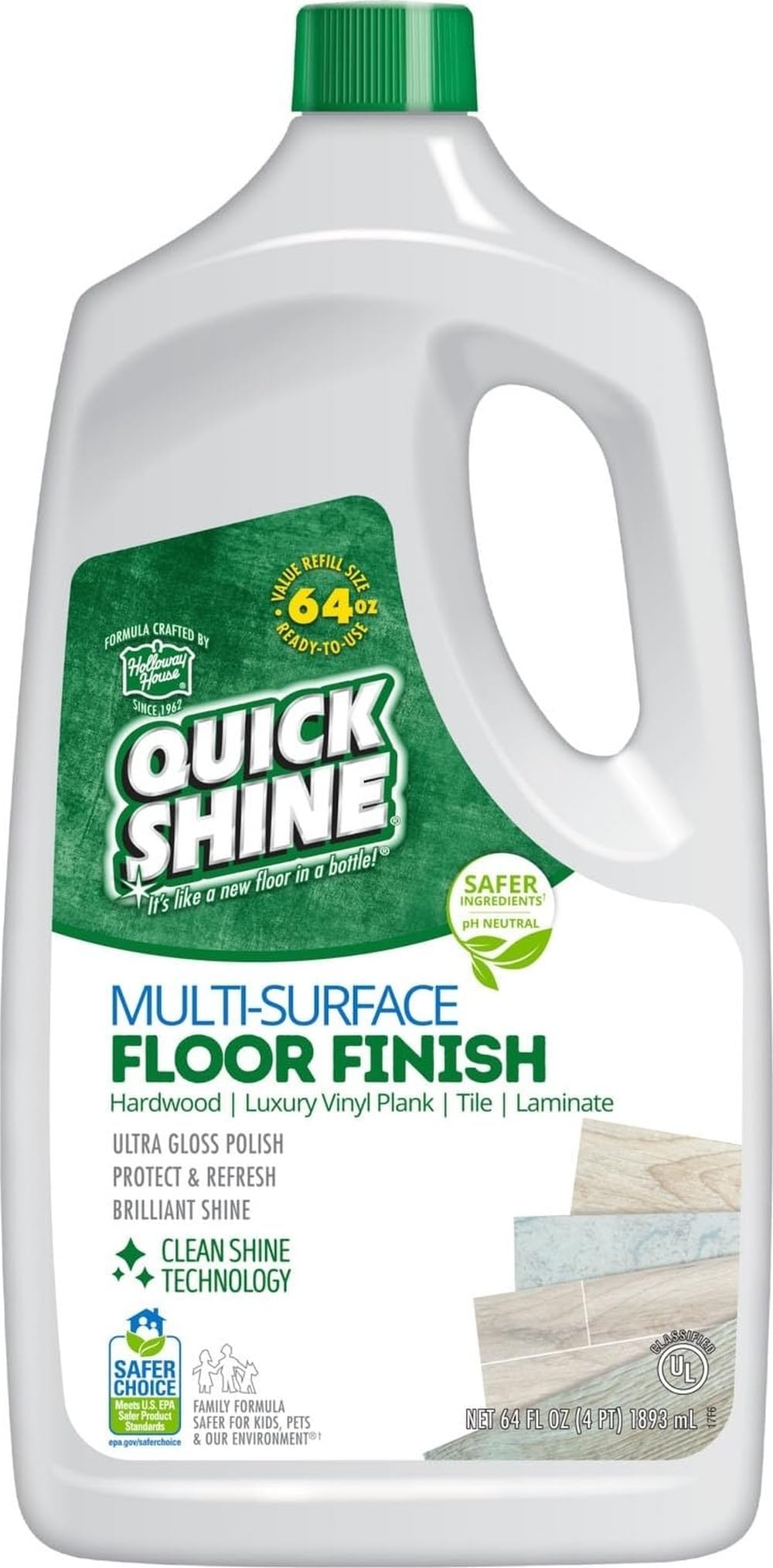 Quick Shine Multi Surface Floor Finish 64oz | Cleaner & Polish to use on Hardwood, Laminate, Luxury Vinyl Plank LVT, Tile & Stone | Safer Choice w/Clean Shine Technology | Shine-Protect-Refresh