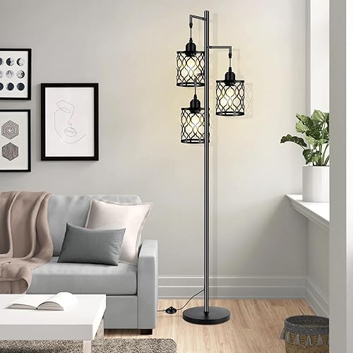 Miniatura 7 de Lámpara de pie industrial, alta, de metal, estilo rústico, 3 elegantes cabezales de jaula, de árbol, para sala de estar, dormitorios, oficina en