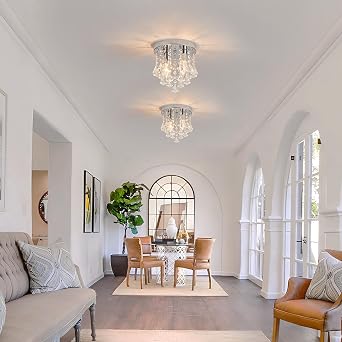 Crystal Ceiling Lighting Fixture,Mini Flush Mount Ceiling Light, Modern Crystal Chandelier for Living Room,Kitchen, Hallway,Dining Room (Silver K) [Energy Class E]